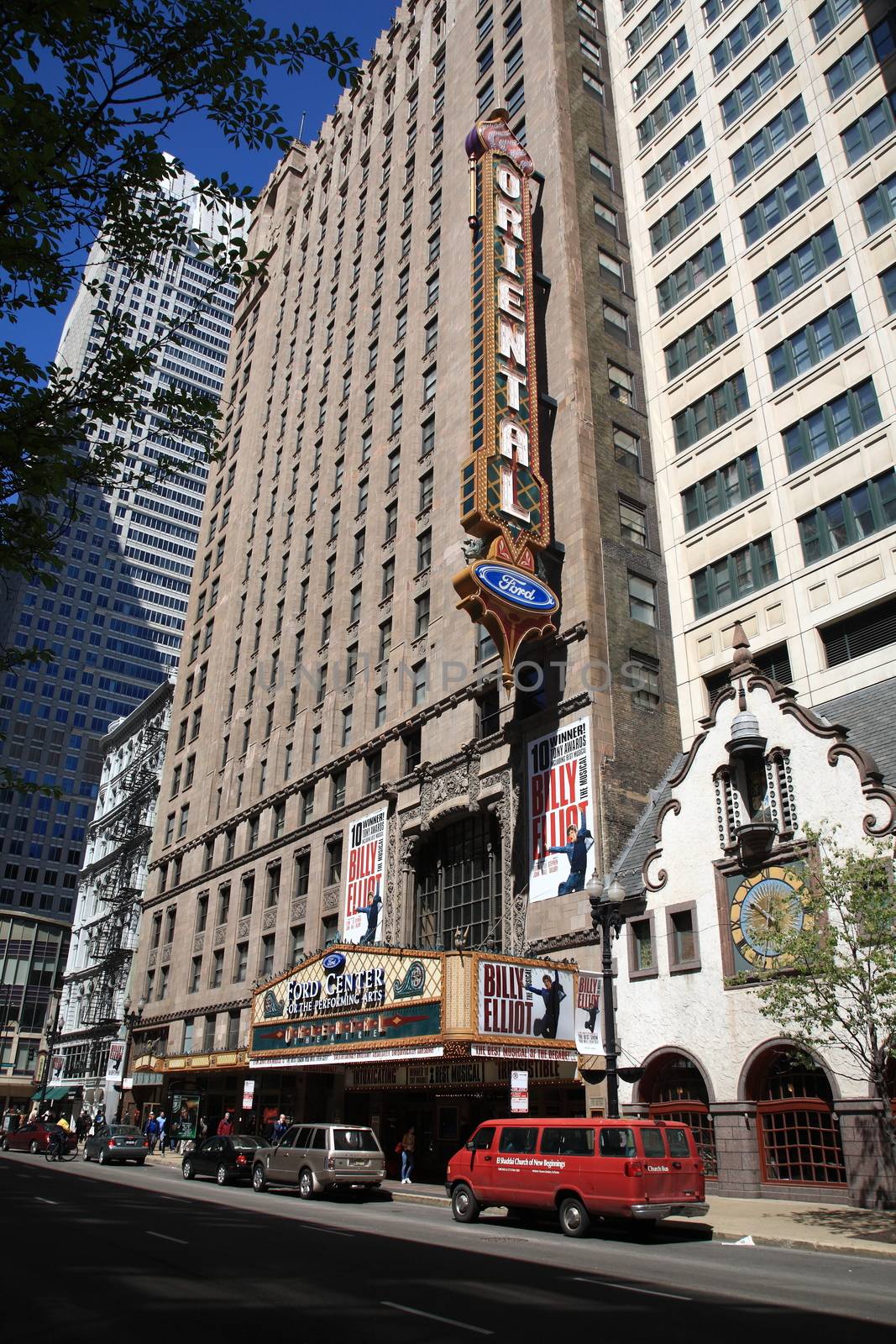 Famous marquee of Oriental Theater on a busy street in Chicago, Illinois.
