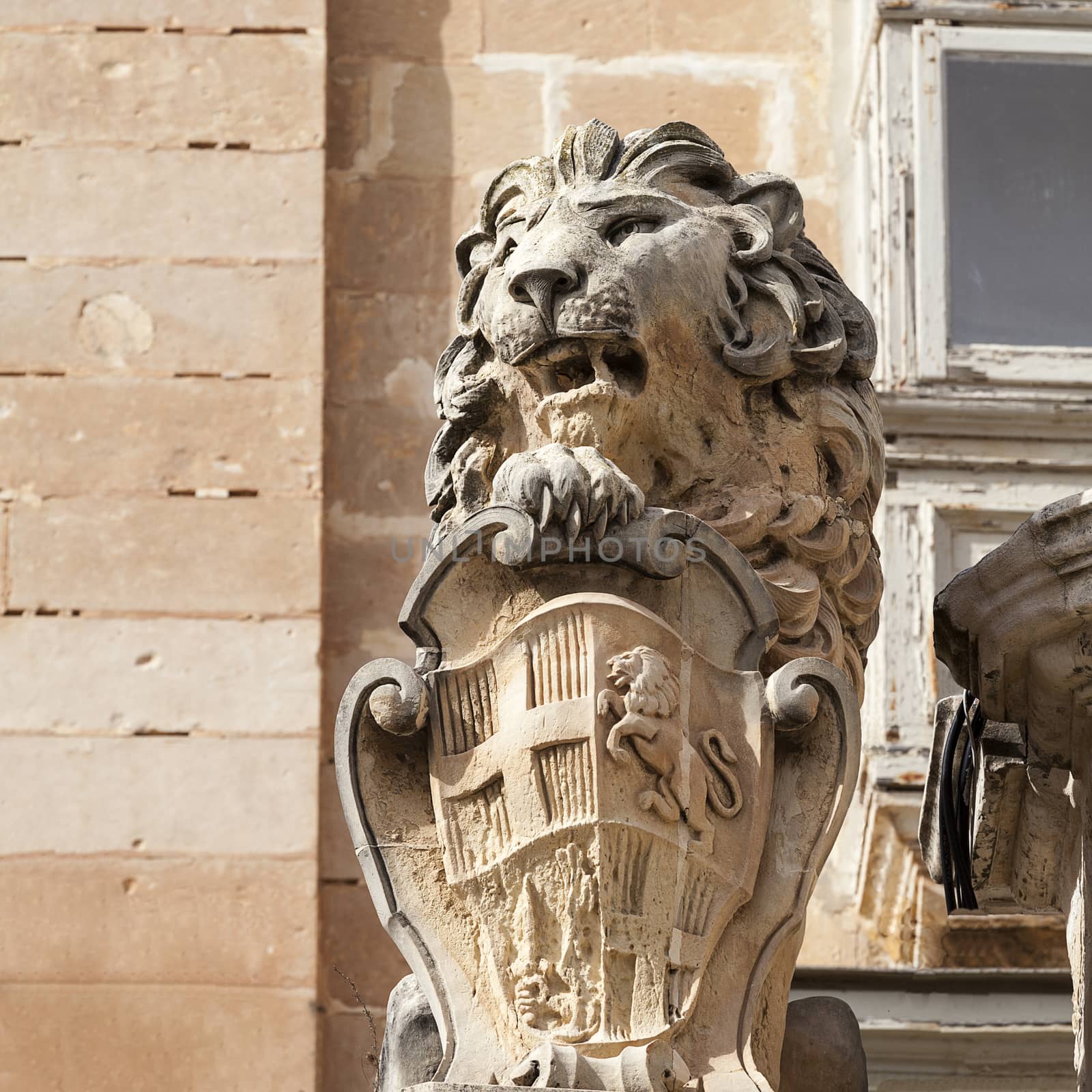 statue of lion with symbol of Mata ic capital city Valletta, Europe