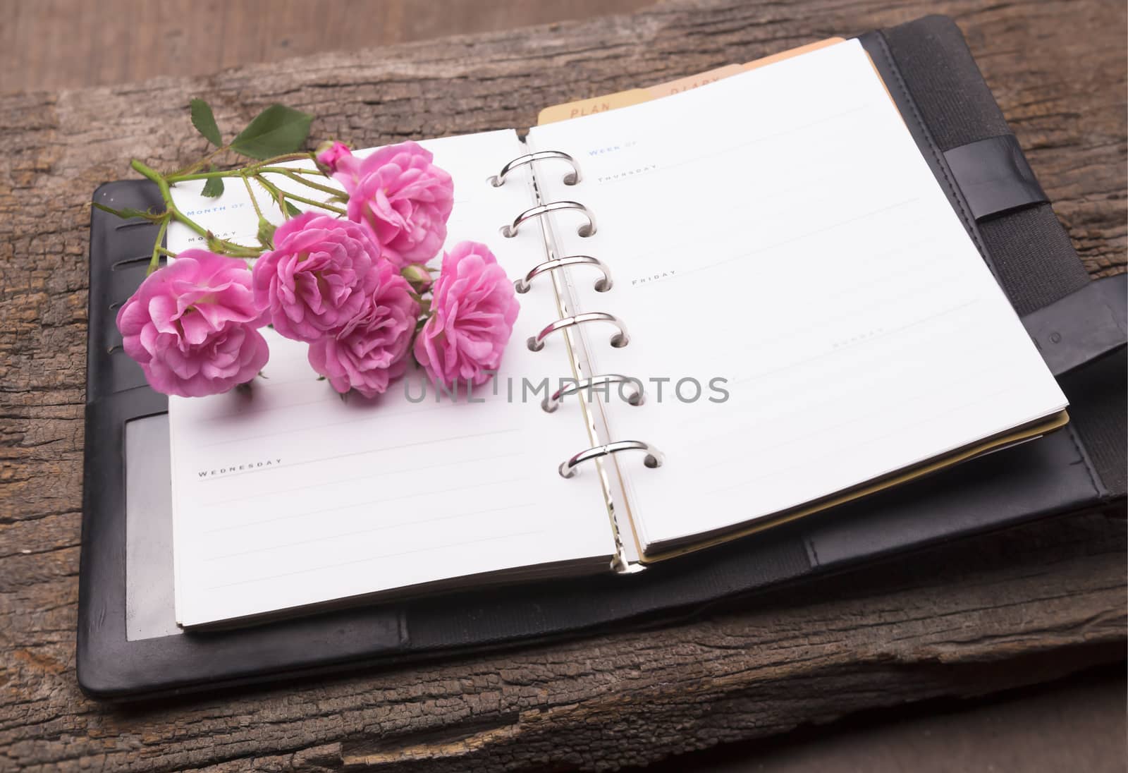 Diary note with pink rose on old wood (Organizer ,agenda, book, diary)