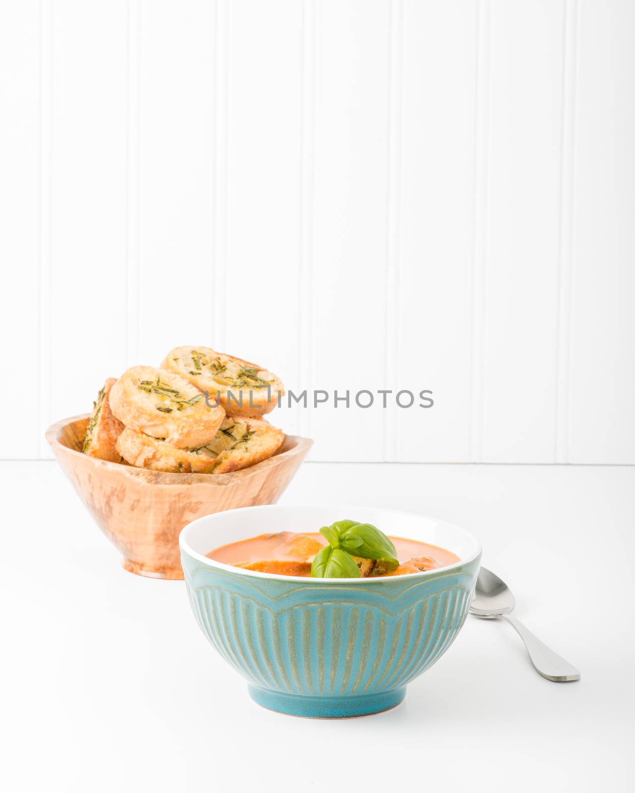Creamy tomato basil soup with crostini.  Useful for many food service marketing applications.