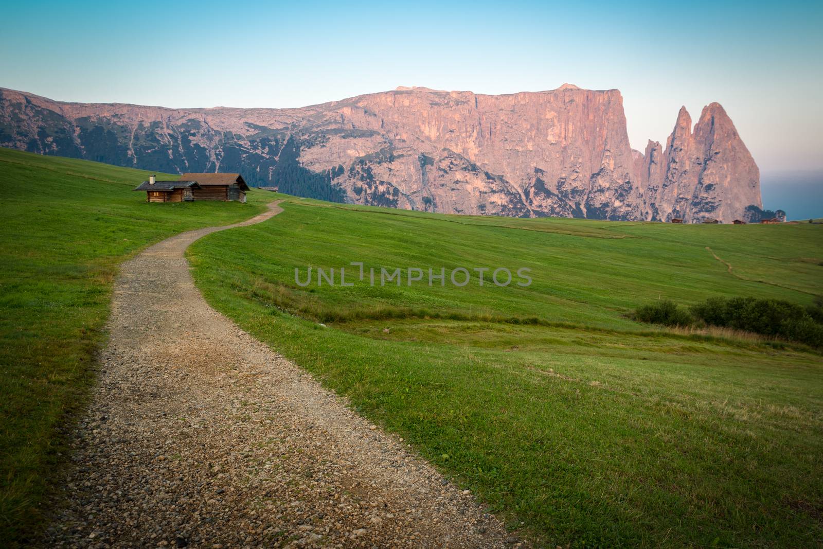 Hiking trail with Schlern mountain, Seiser Alm, South Tyrol, Ita by fisfra