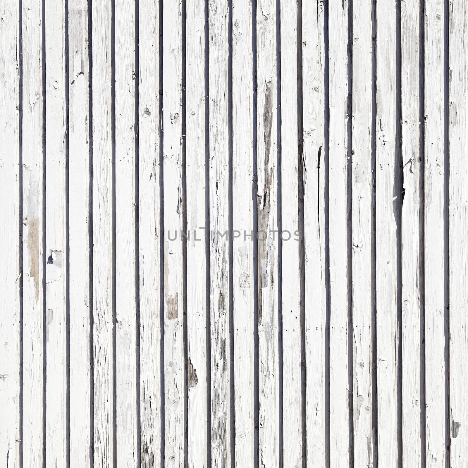 peeling white paint on square part of old derelict fence consisting of vertical planks