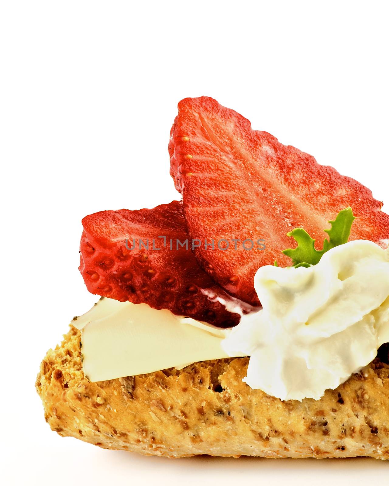 Delicious Cottage Cheese and Strawberry Sandwich with Crisp Bread Cross Section on White background