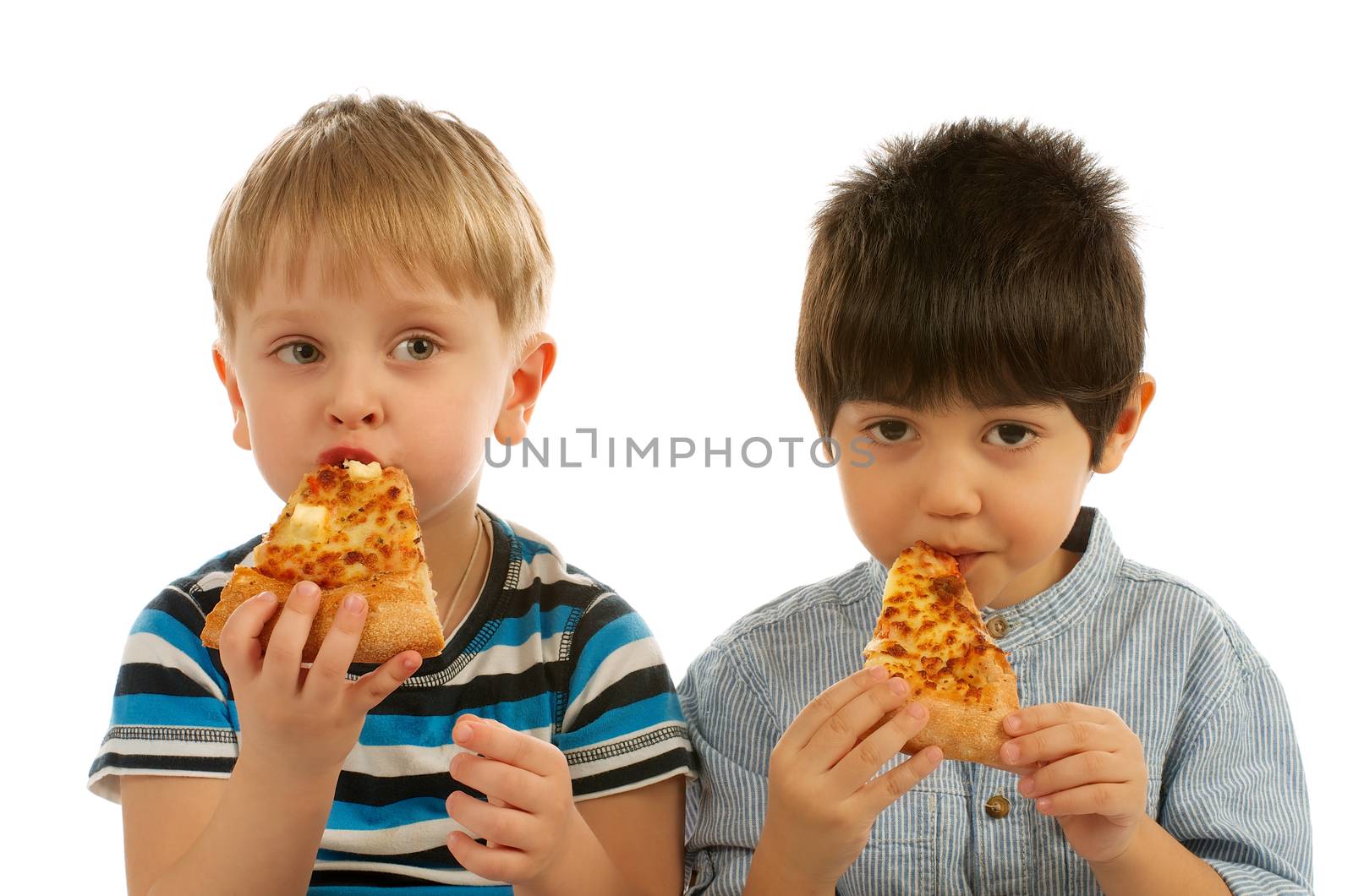 Two Little Boys Eating Cheese Pizza isolated on White background