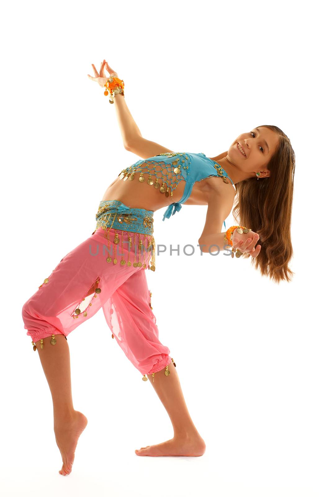 Young Girl Doing Arabic Dance Movement in Pink and Blue Oriental Costume Isolated on White background