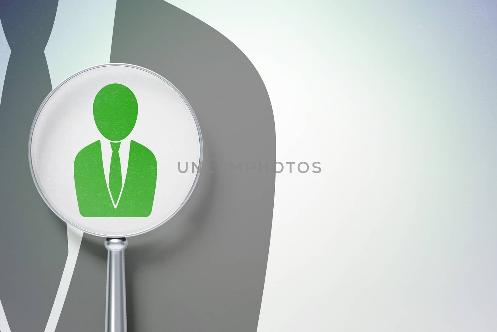 Law concept: magnifying optical glass with Business Man icon on digital background, empty copyspace for card, text, advertising