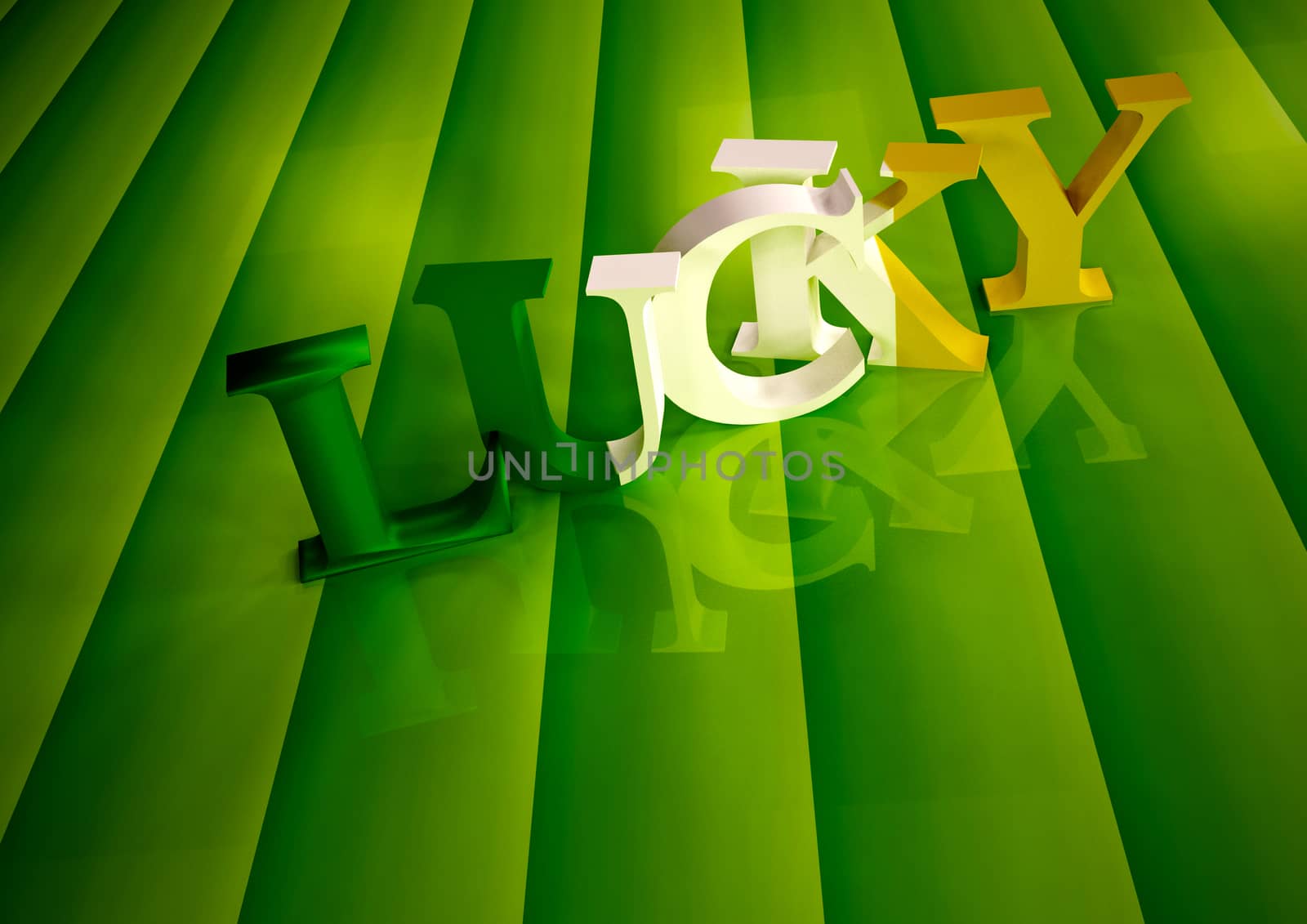 Dimensional inscription of LUCKY on green background.