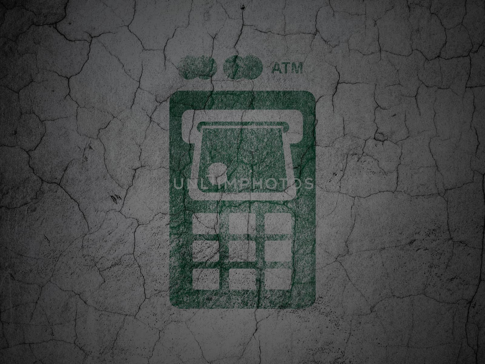 Money concept: Green ATM Machine on grunge textured concrete wall background