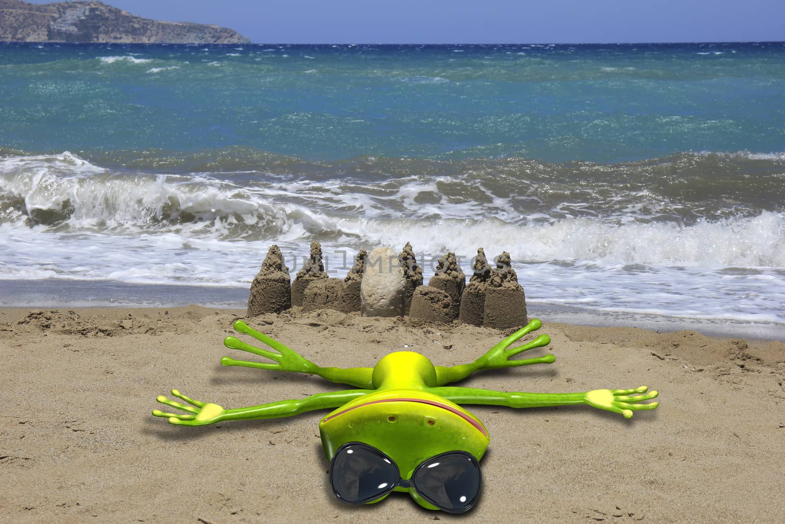 Illustration of a green frog lays on the beach