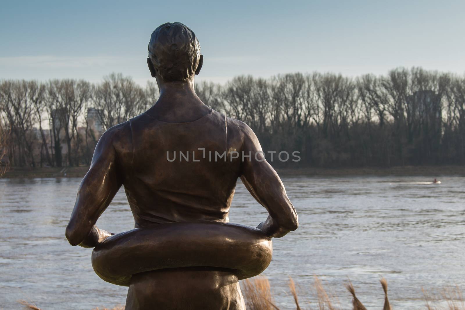 Statue of a swimmer on the coast of river Danube. Forest on the horizon. Early evening sky. Bratislava, Slovakia.