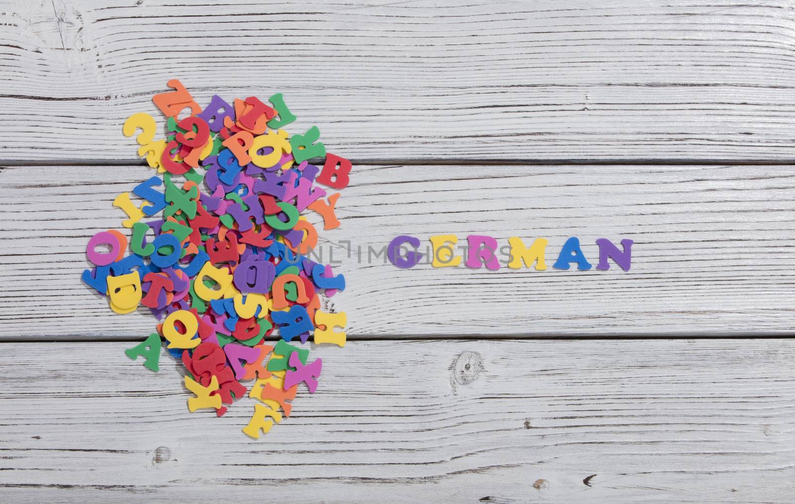 the colorful words german made with colorful letters over white wooden board by senkaya