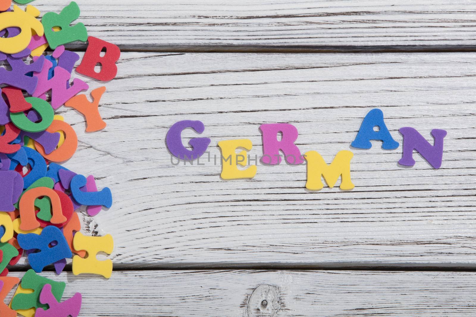 the colorful words german made with colorful letters over white wooden board by senkaya