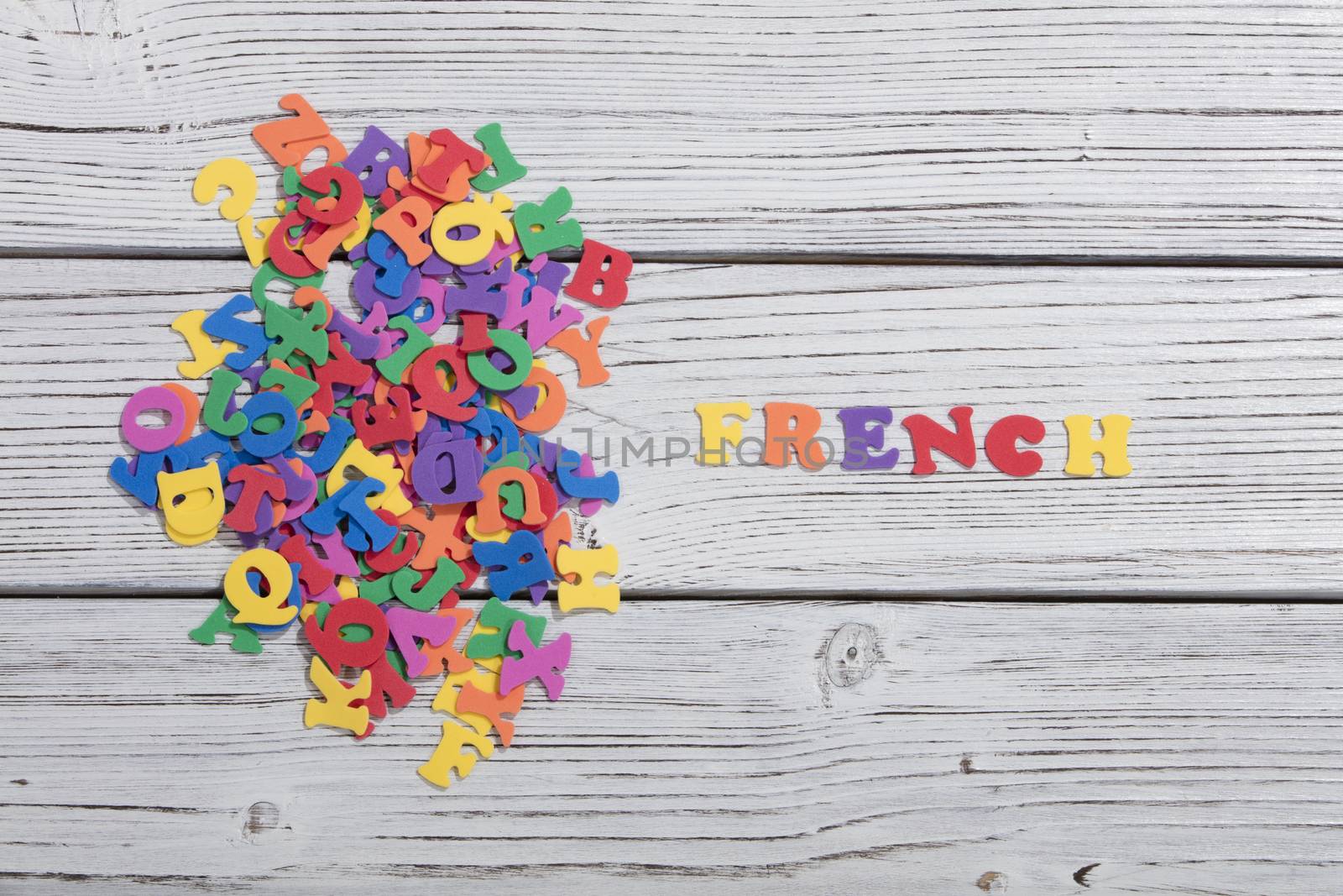 colorful words on white wooden background