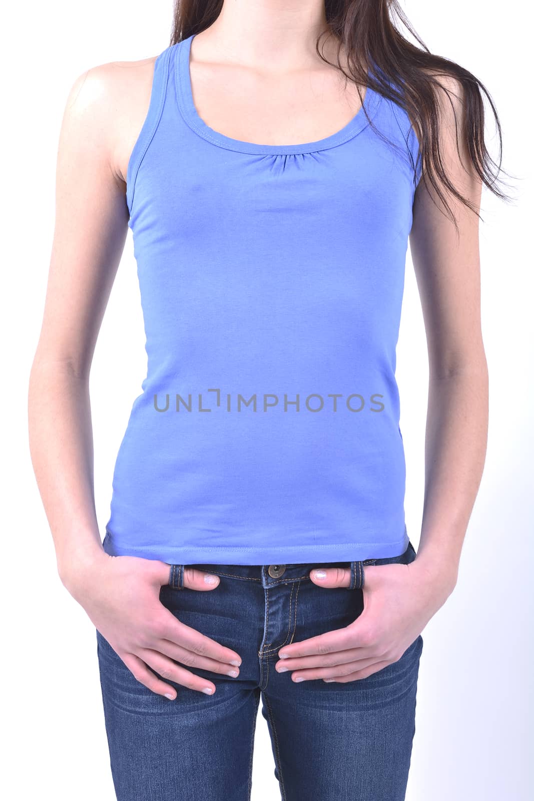 Girl in a blue vest isolated on white background