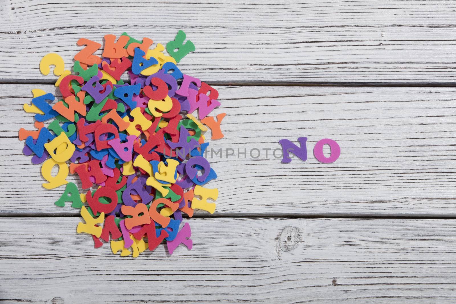 colorful words on white wooden background