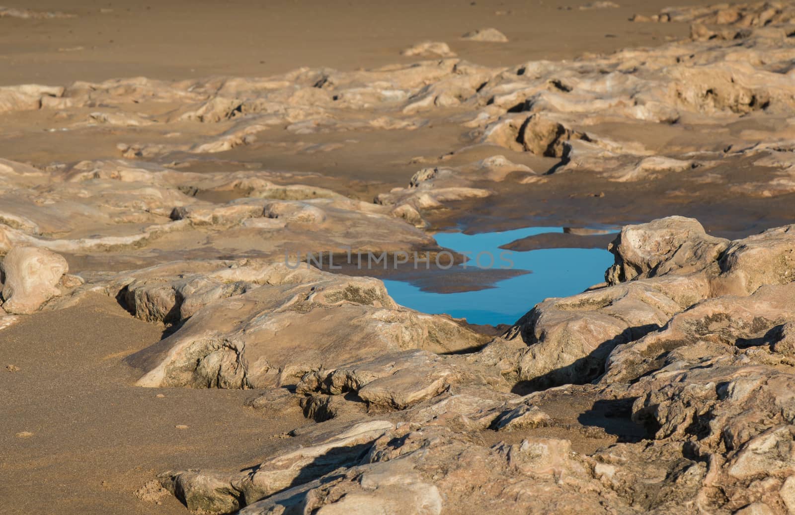 Little rocks in the color of a sand. Puddle in a shape of letter S, reflecting the blue sky. Shore of Atlantic Ocean in Morocco.