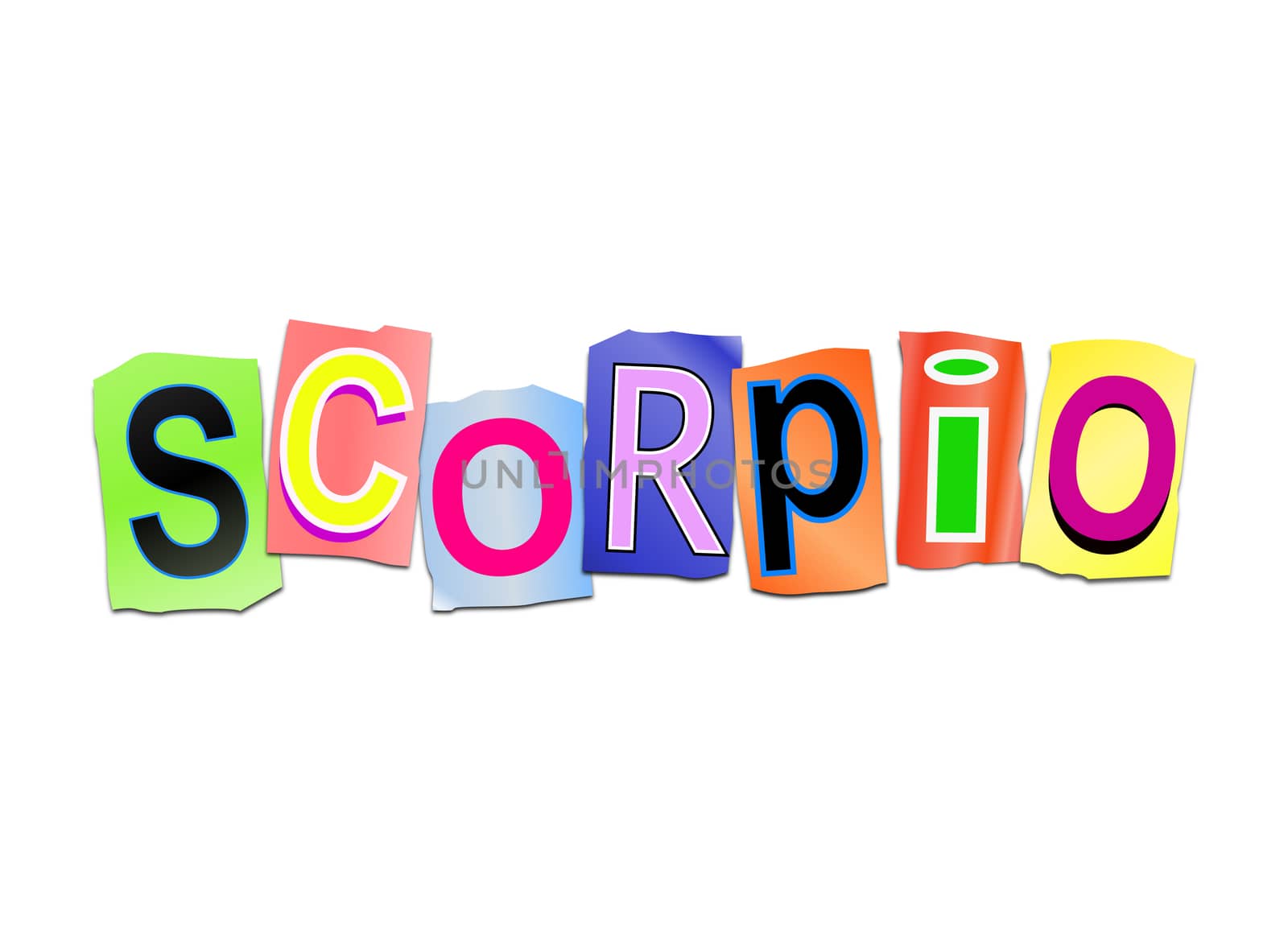 Illustration depicting a set of cut out printed letters arranged to formt the word scorpio.