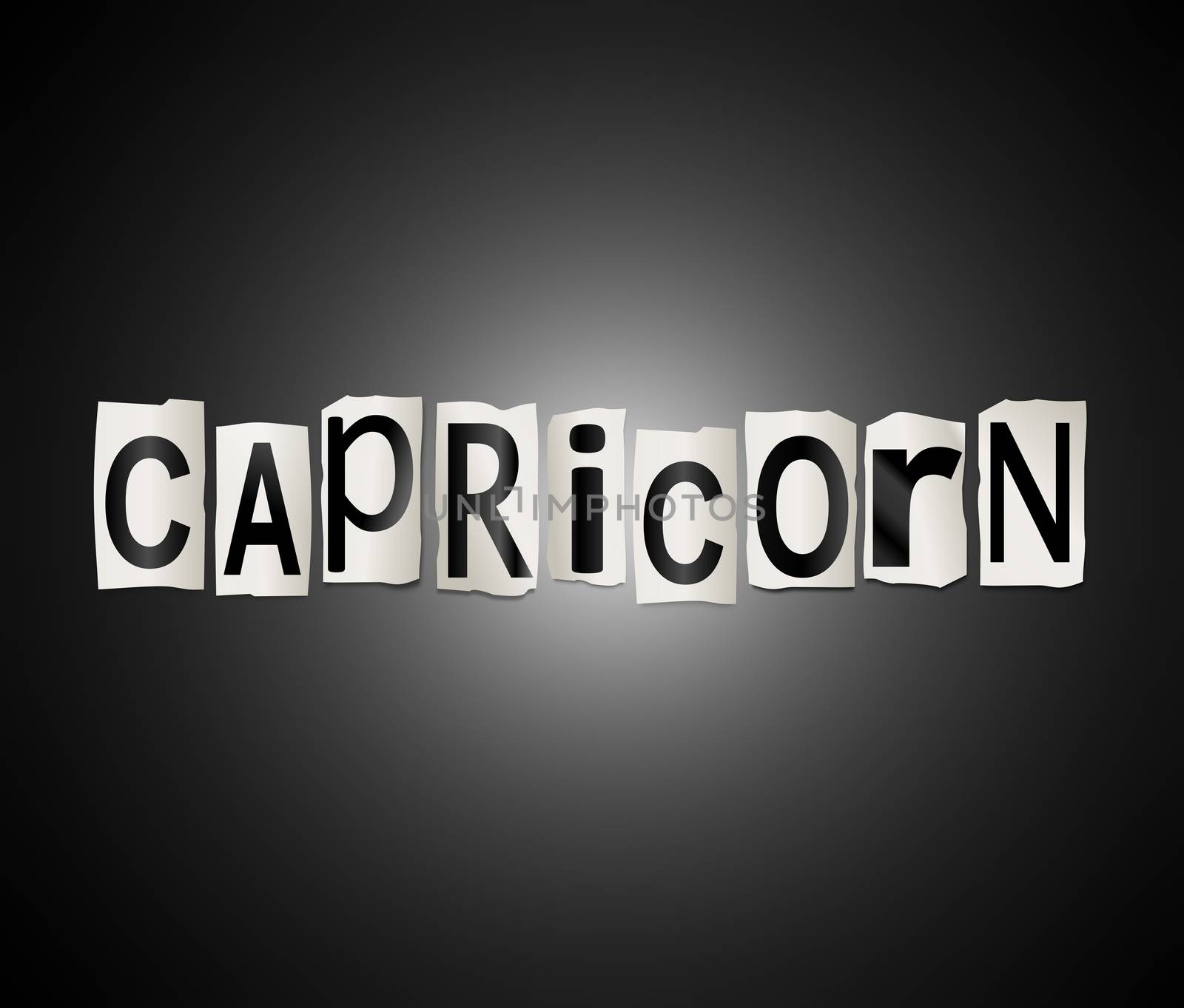 Illustration depicting a set of cut out printed letters arranged to form the word capricorn.