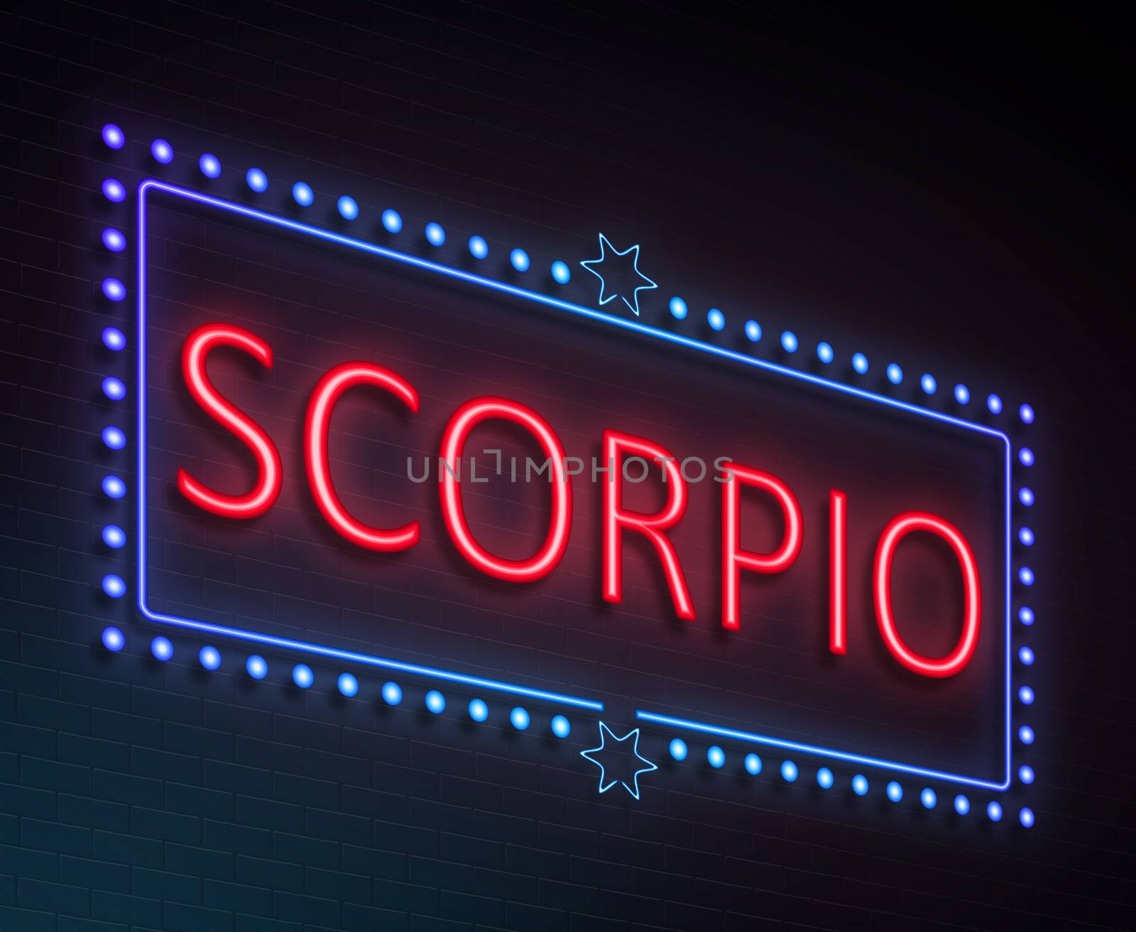 Illustration depicting an illuminated neon sign with a scorpio concept.