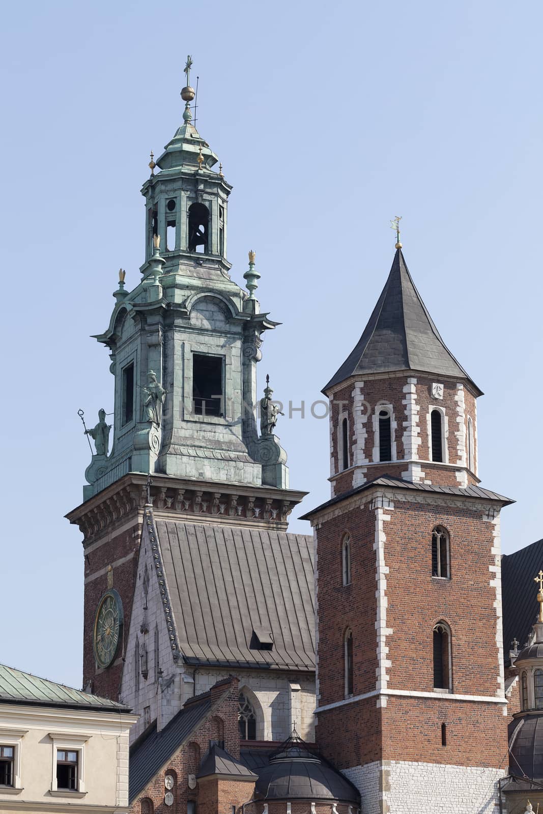 view on clock tower of Wawel Royal Castle in Cracow, Poland