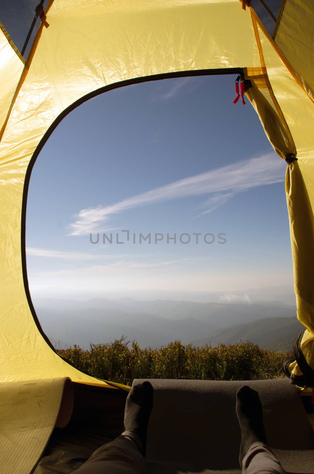 Traveling. Tourism. Tourist tent camping in mount