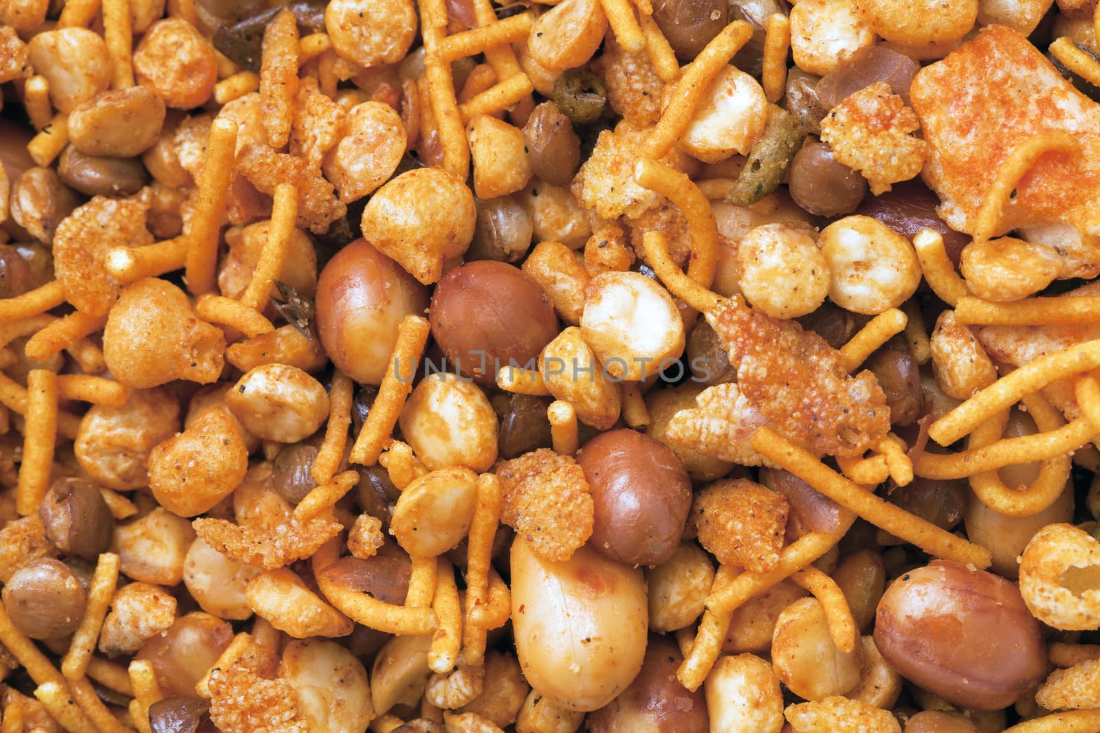 Dry roasted Indian snack mix, close-up background