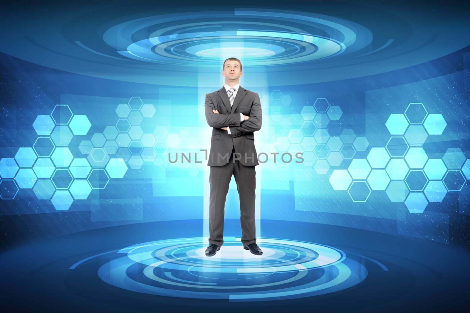 Businessman on abstract blue background, business concept