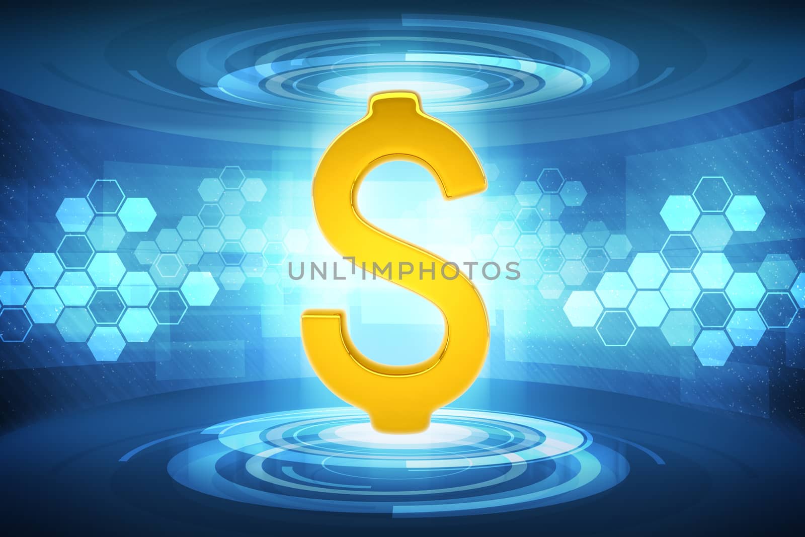 Gold dollar sign on abstract blue background, money concept