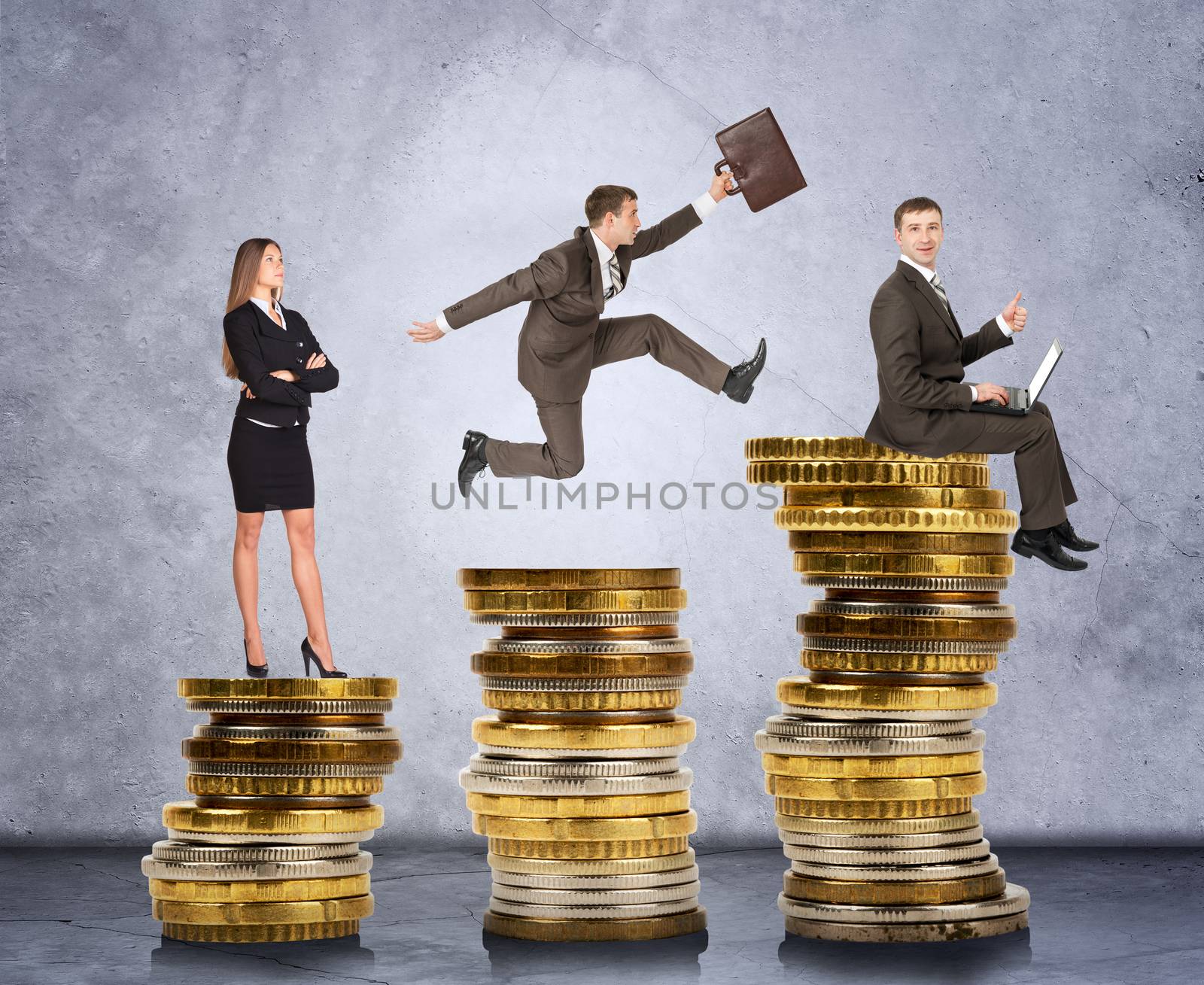 Business people on coins on grey wall background, business concept