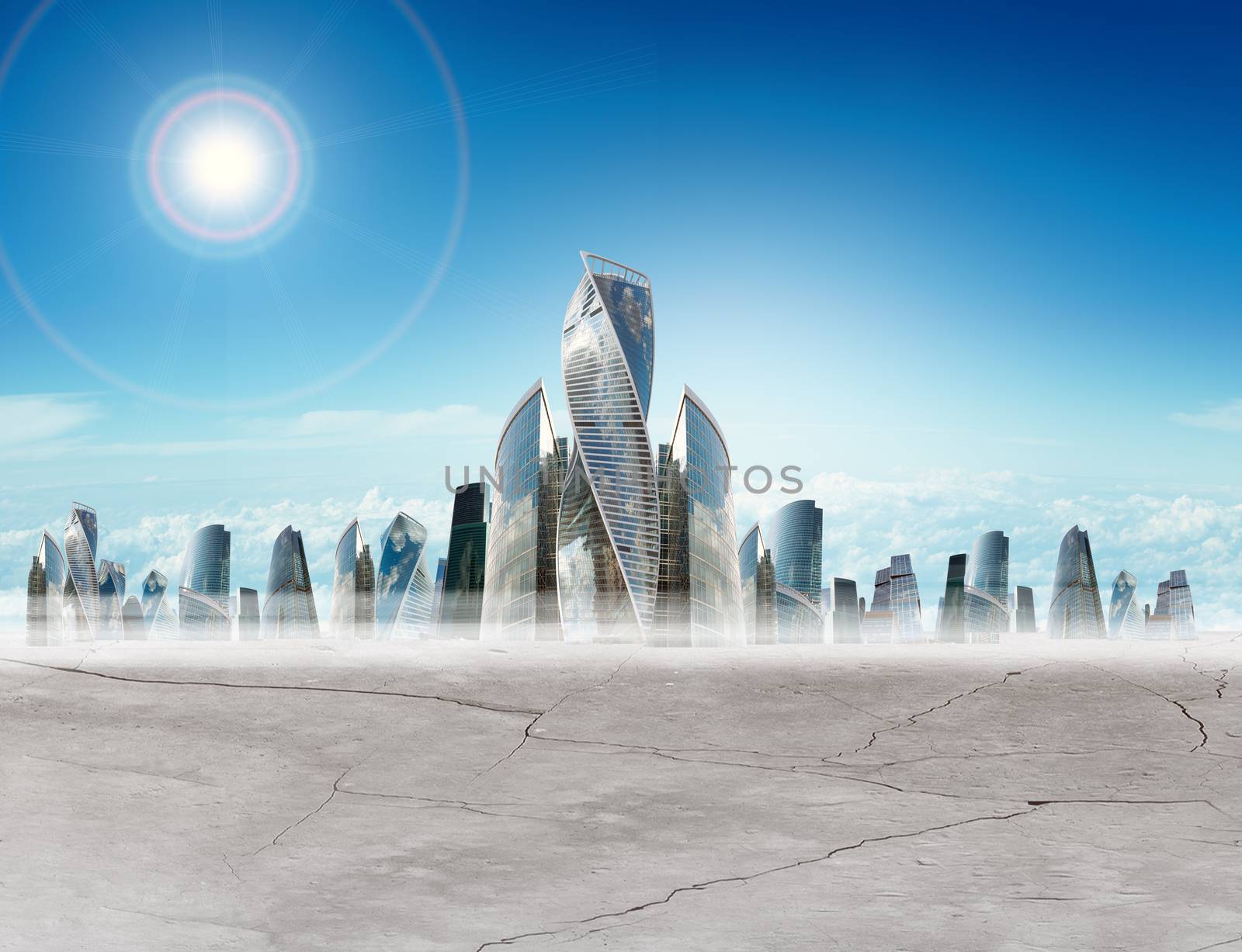 Cityscape with blue sky and sun, modern city concept