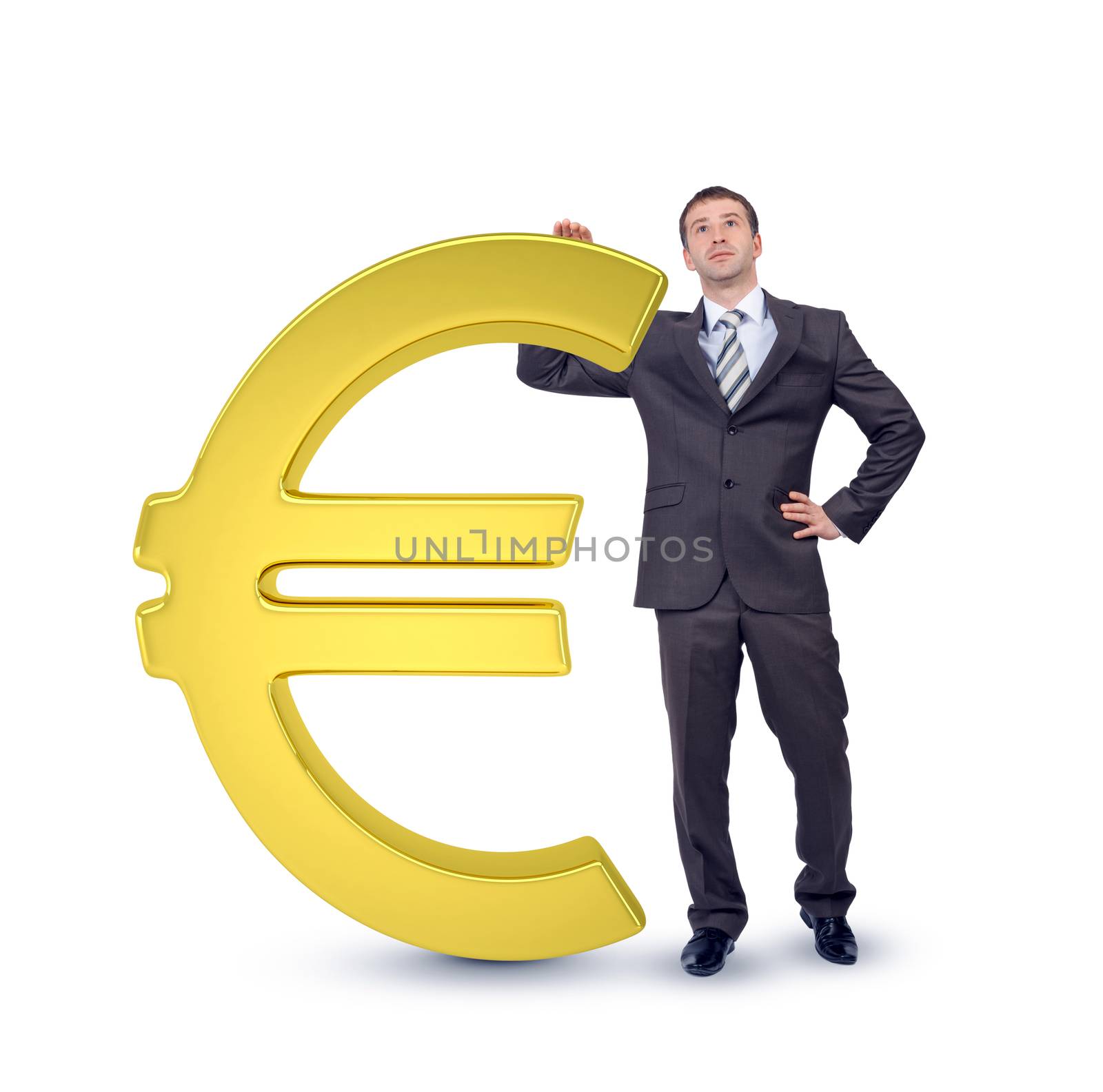 Businessman near big euro sign isolated on white background, money concept