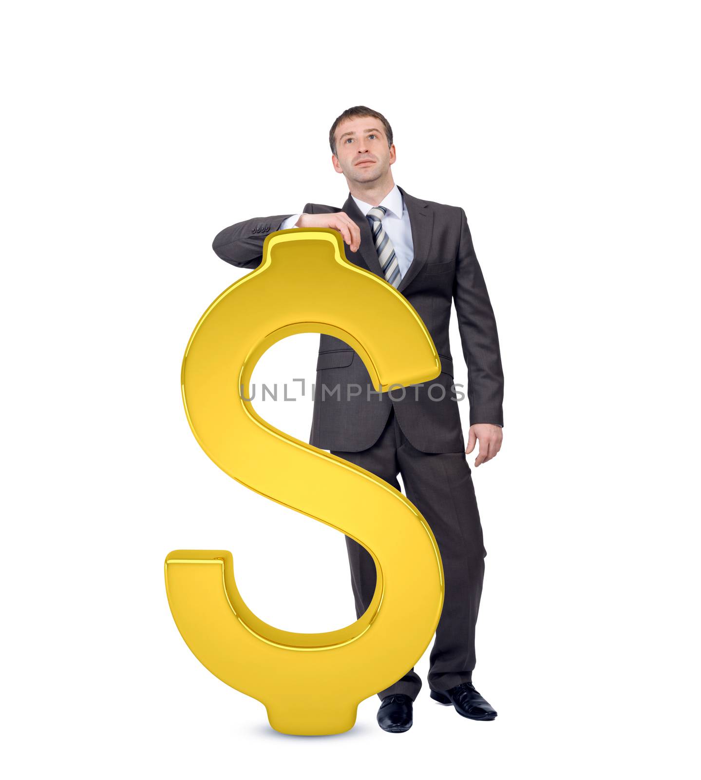 Businessman near big dollar sign isolated on white background, money concept