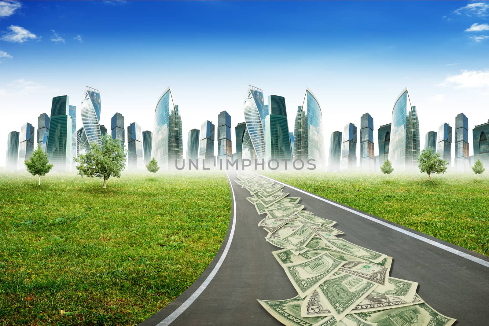 Cash on highway road with city and blue sky, business concept
