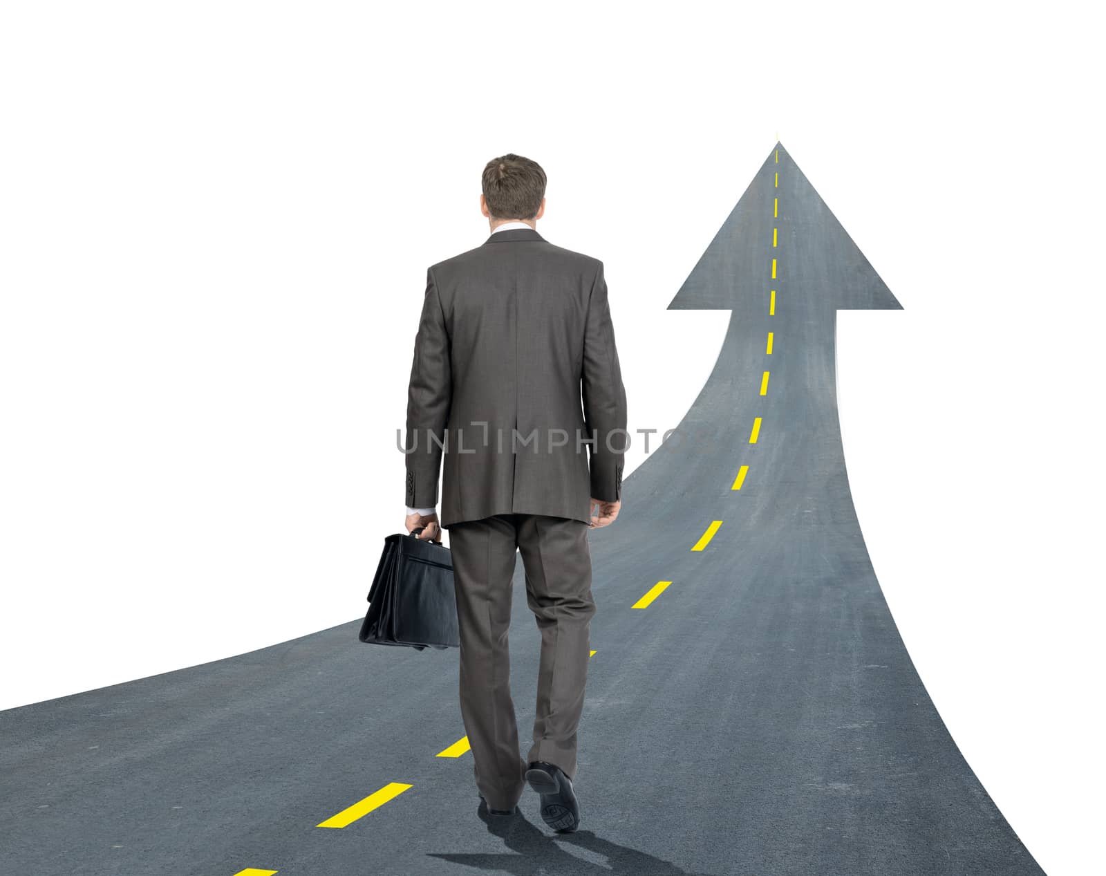 Businessman walking road going up llike arrow isolated on white background