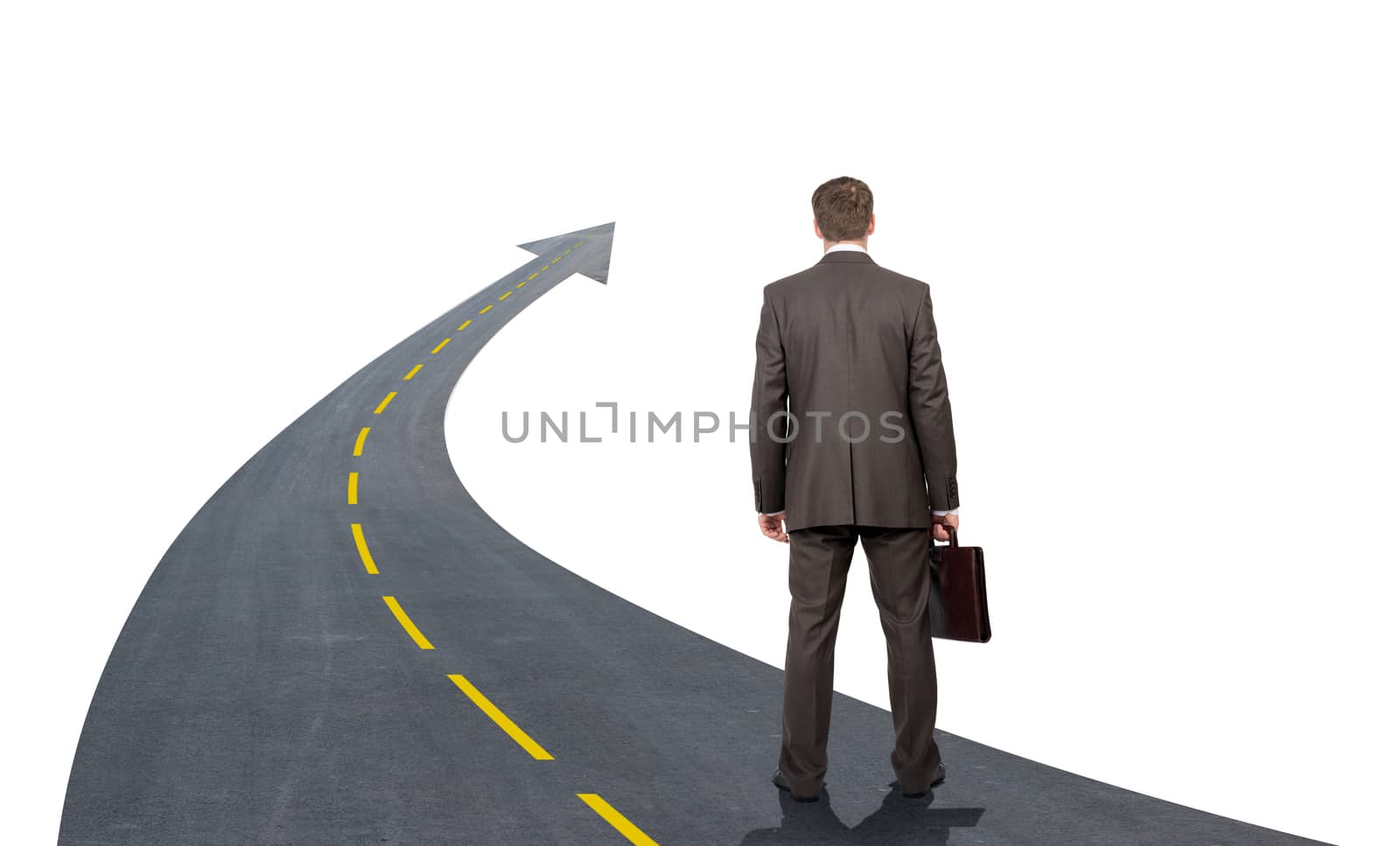 Businessman walking road going up llike arrow isolated on white background