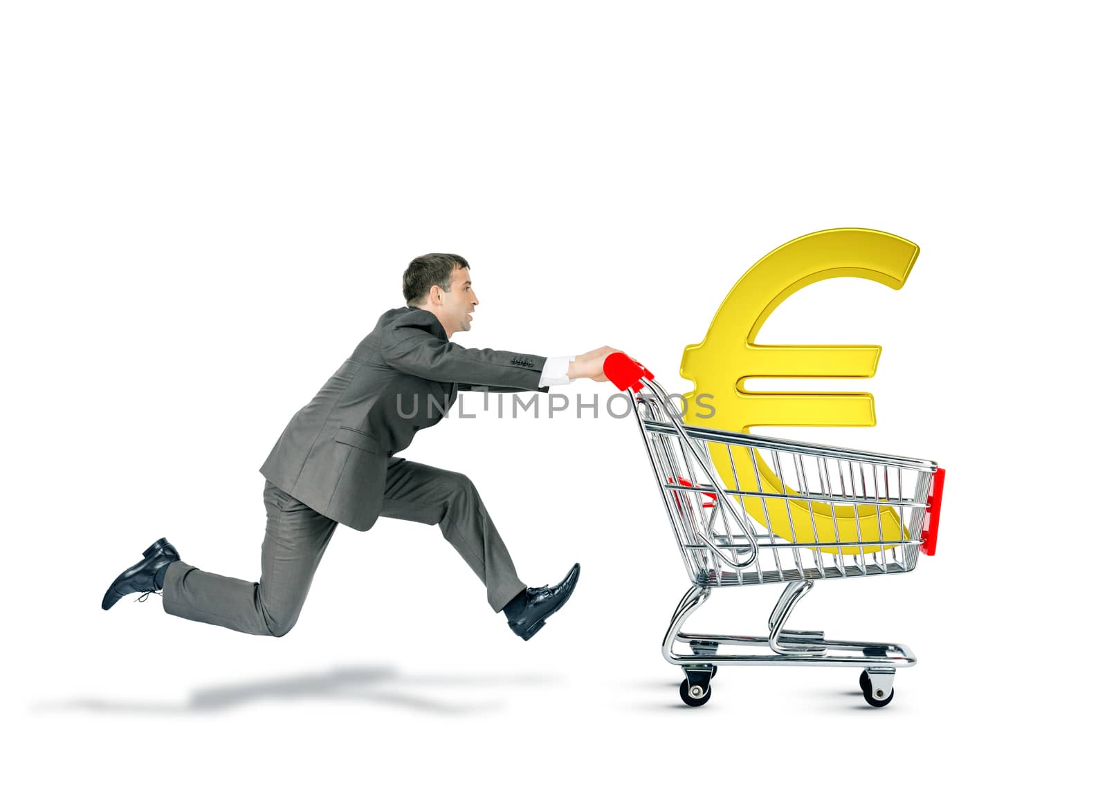 Businessman pushing shopping cart with euro sign isolated on white background