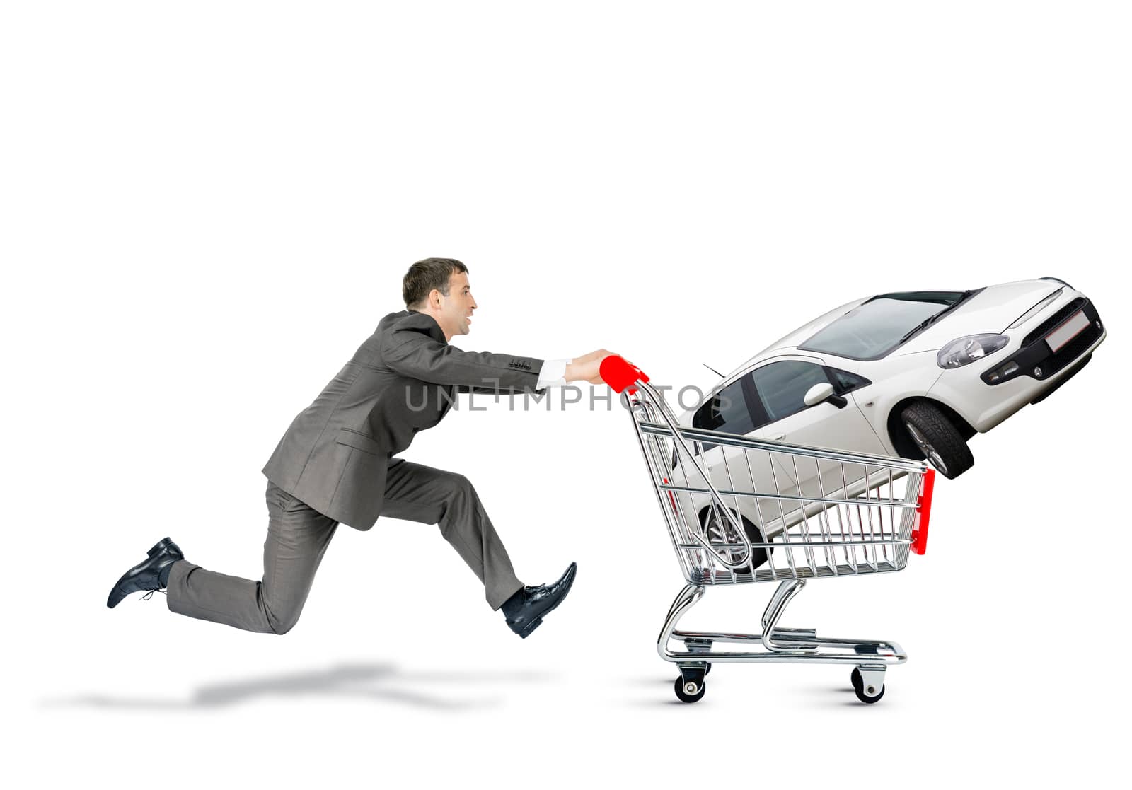 Businessman pushing shopping cart with car isolated on white background