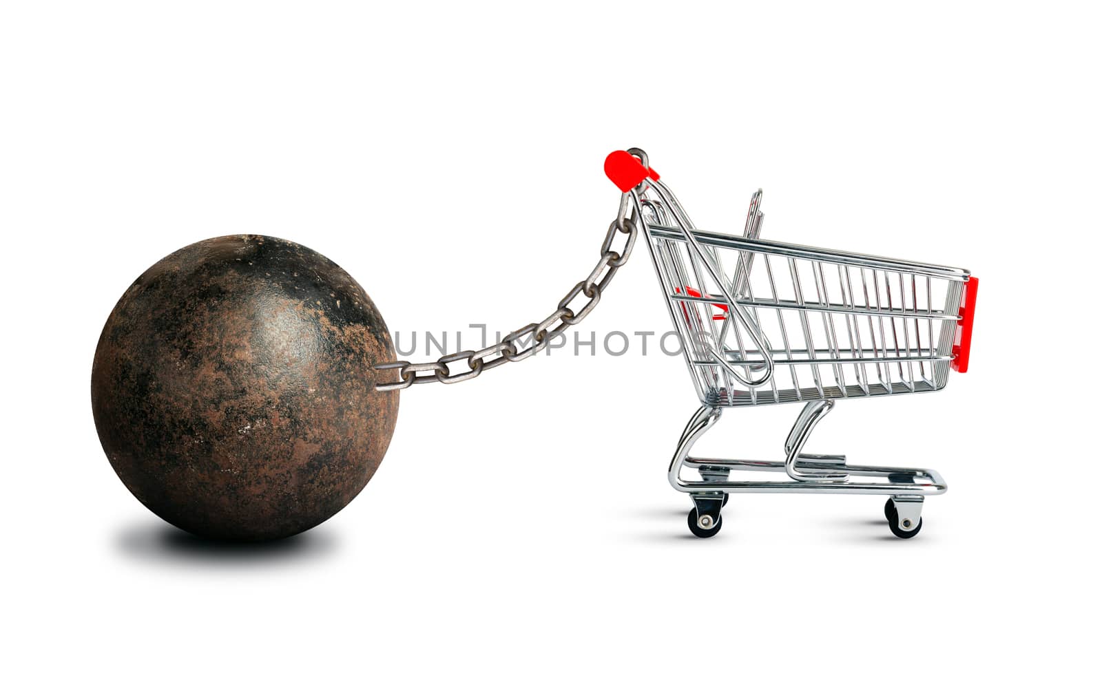 Shopping cart with iron ball isolated on white background
