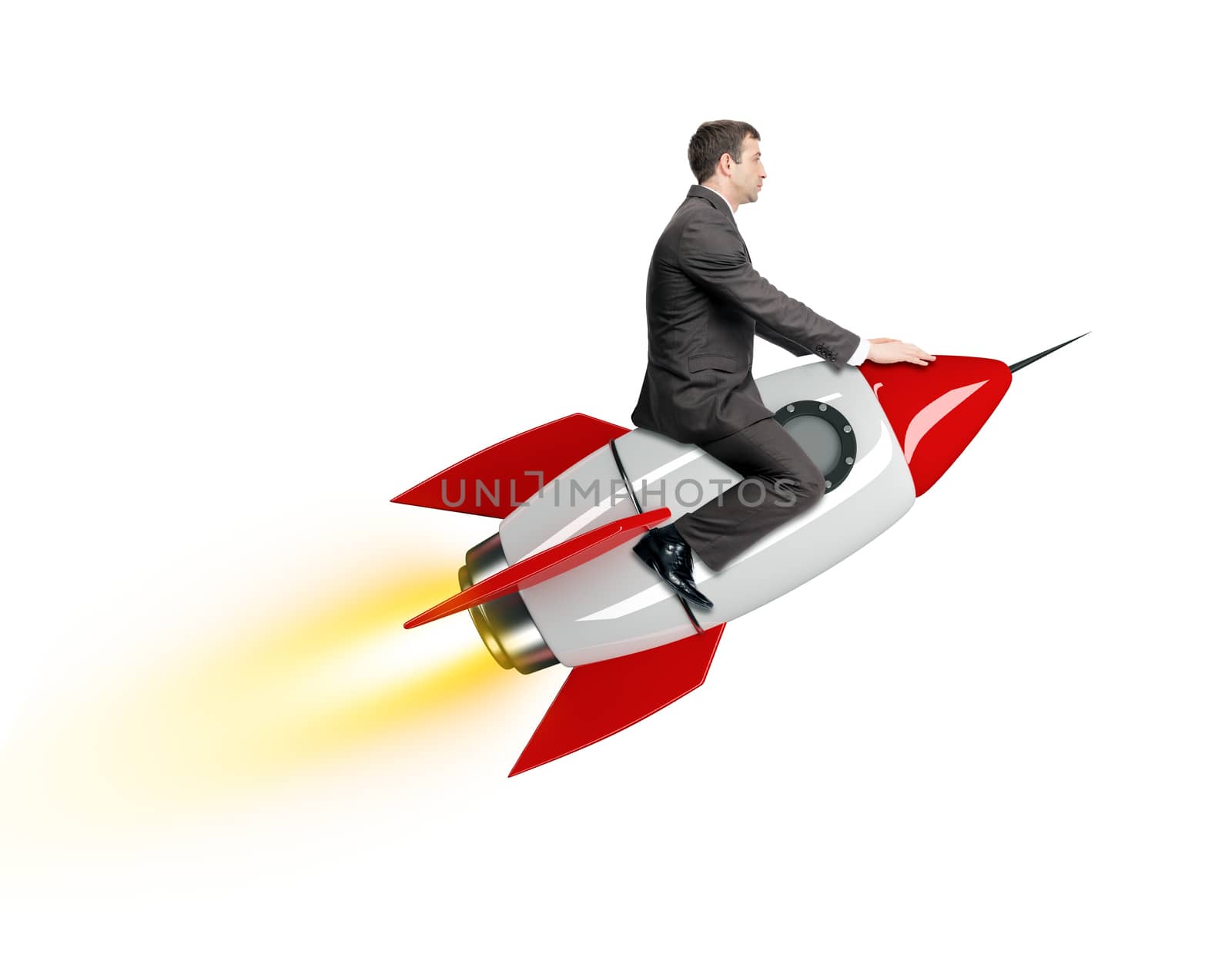 Businessman riding red rocket isolated on white background