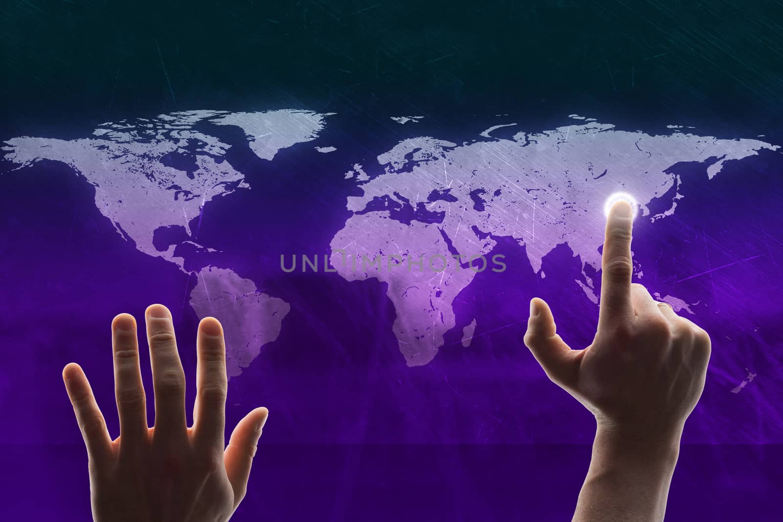Hands touching holographic screen with world map, technology concept