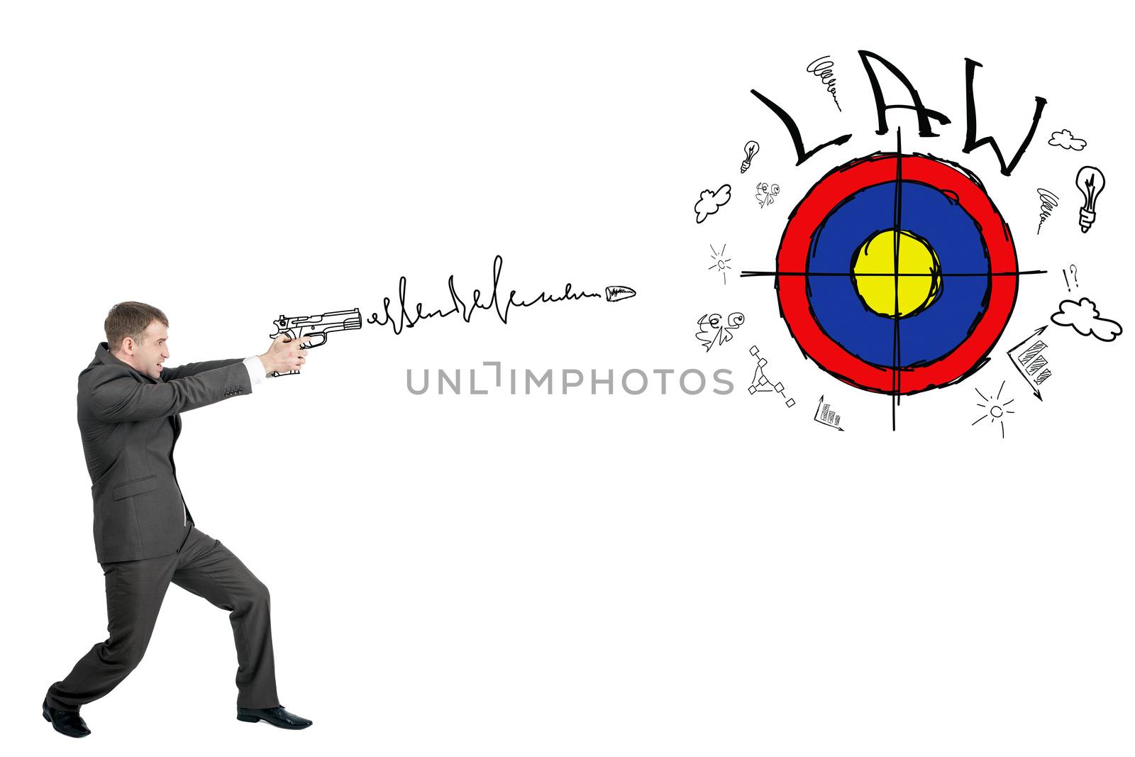 Businessman shooting from gun to darts with word law isolated on white background, goal concept