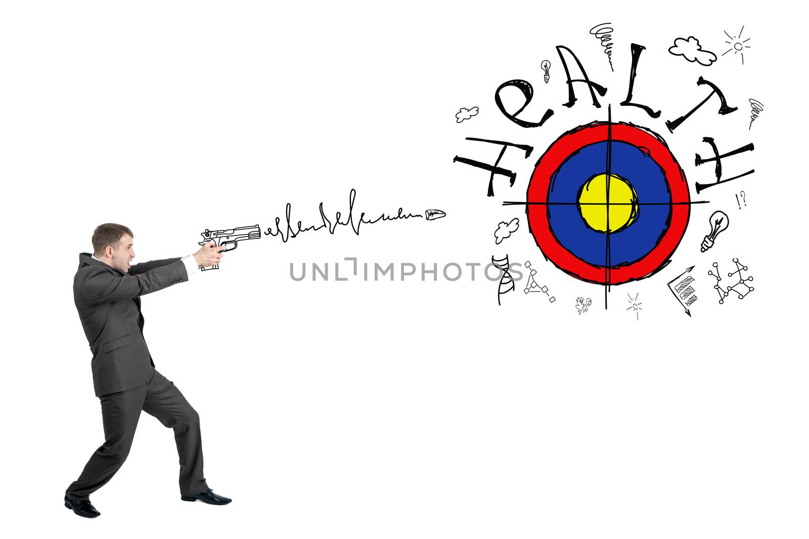 Businessman shooting from gun to darts with word health isolated on white background, goal concept