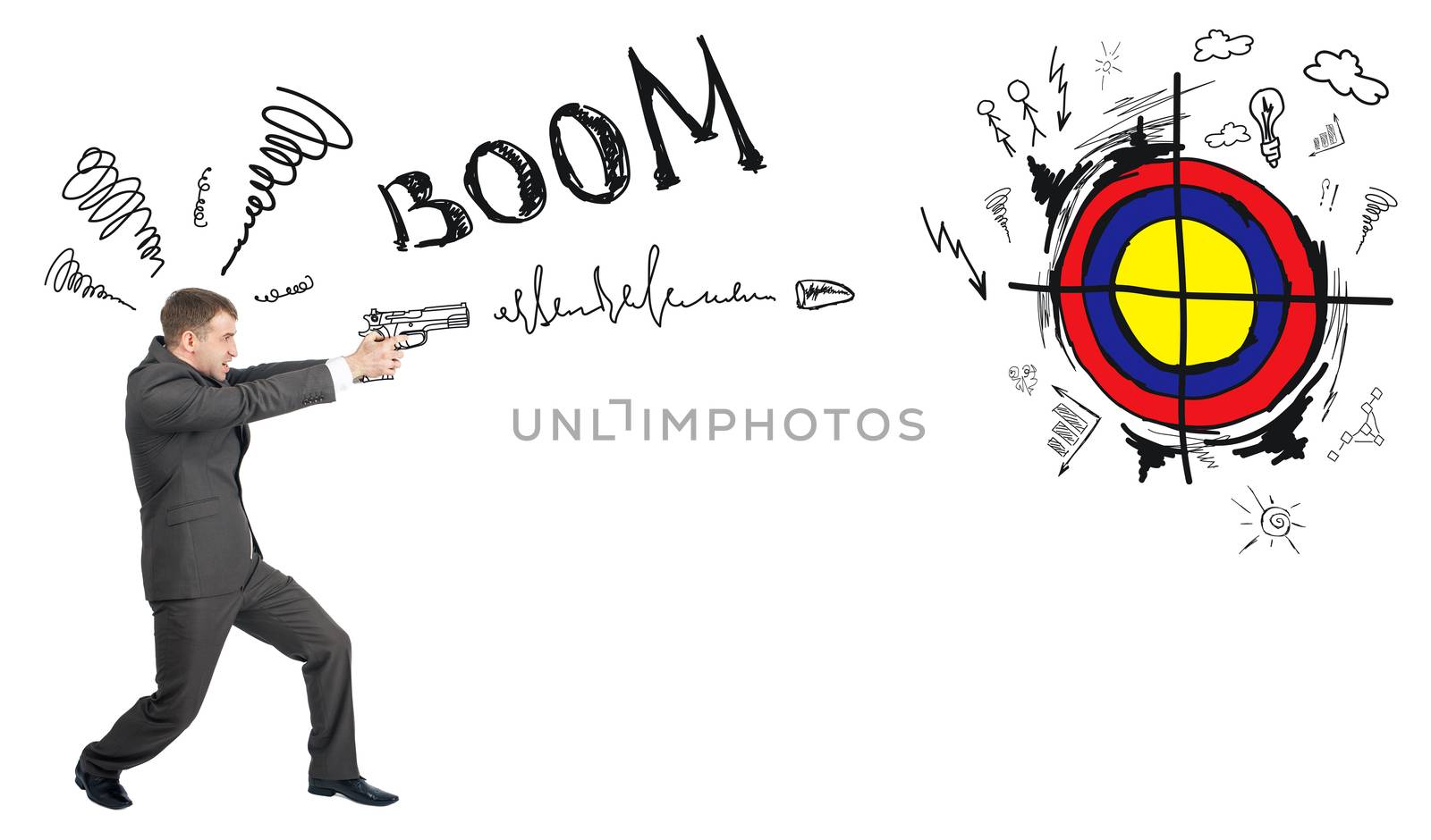 Businessman shooting from gun to darts with word boom isolated on white background, goal concept