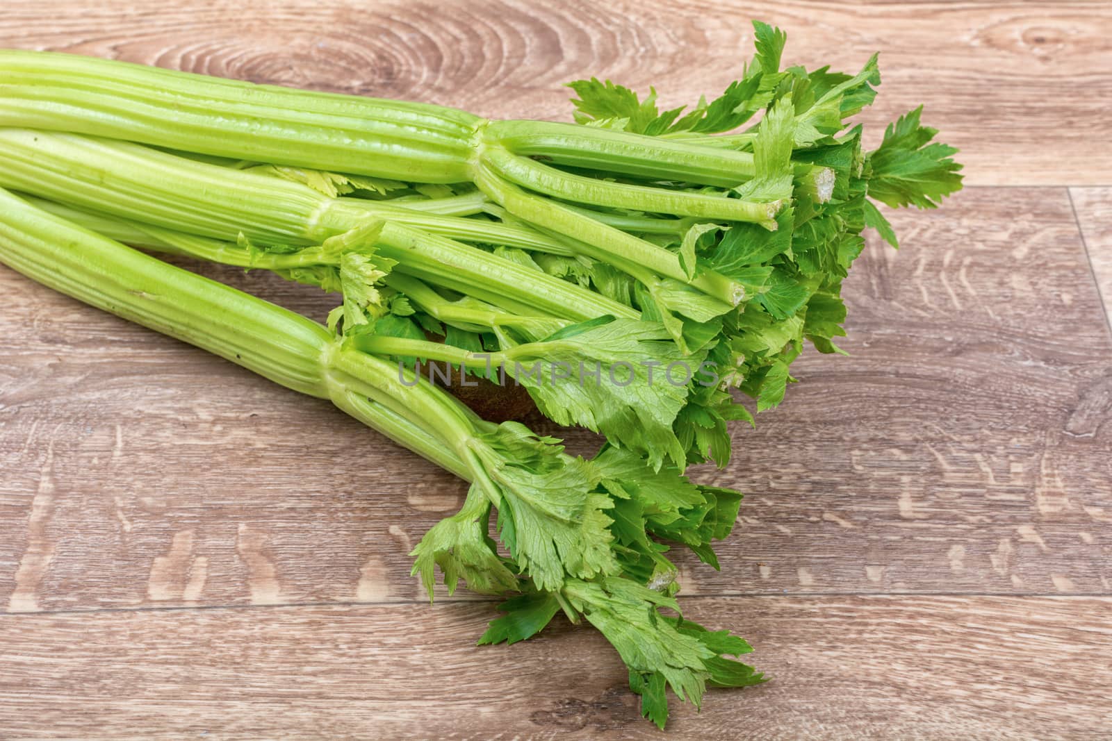 The green leaves of celery on a brown wooden background