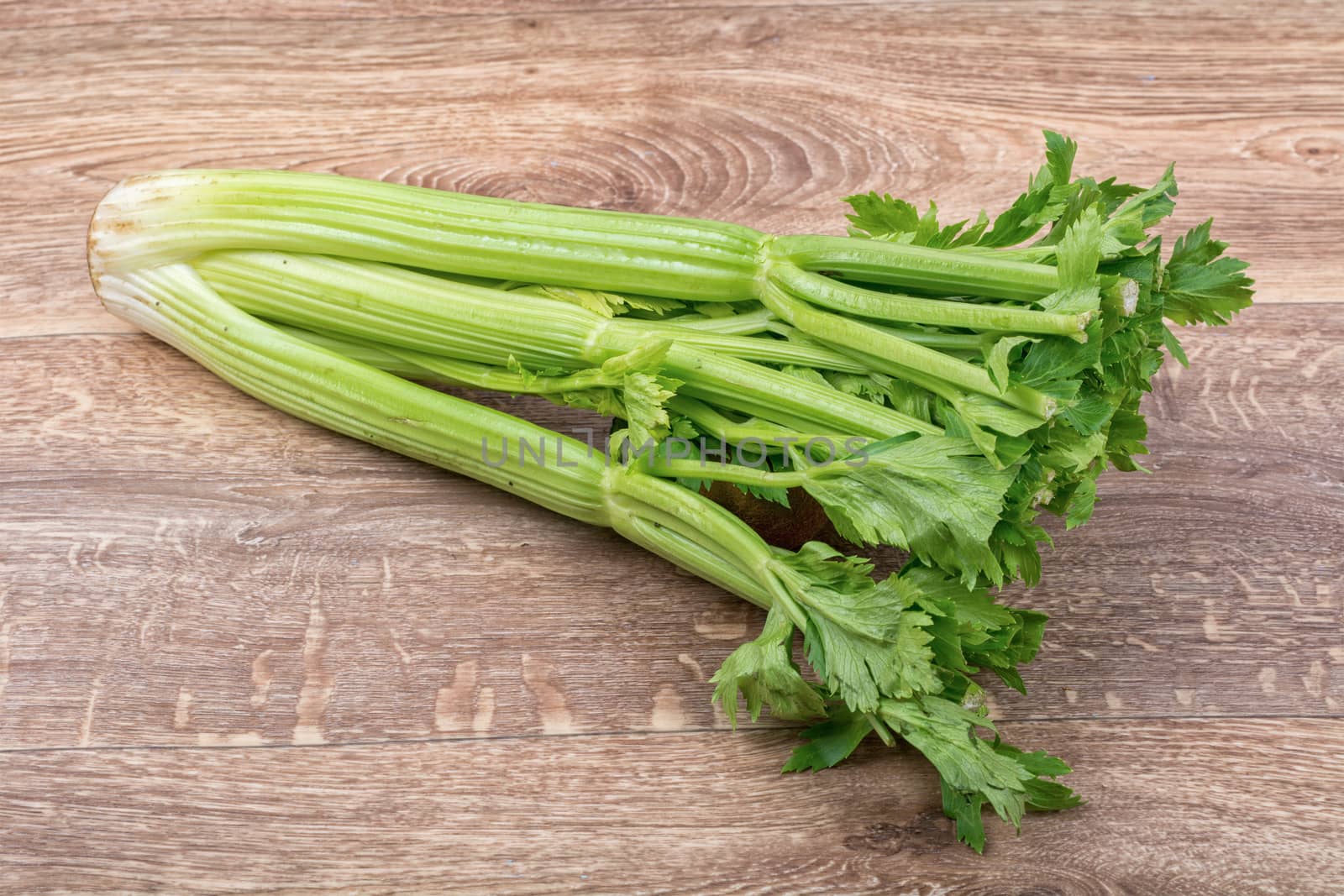 The green leaves of celery on a brown wooden background