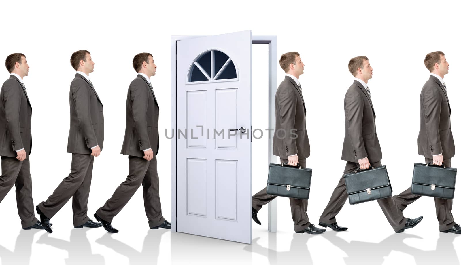 Line of businessmen going through door by cherezoff