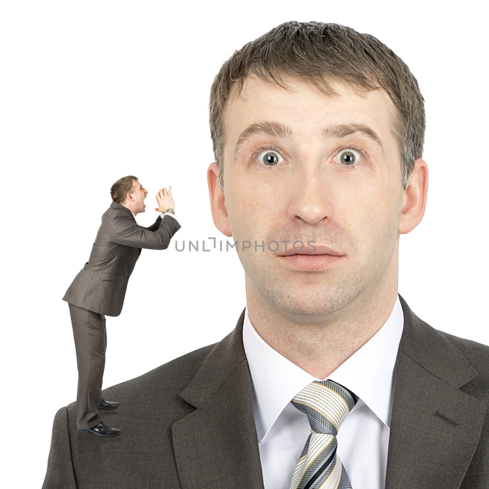 Little man shouting businessman isolated on white background