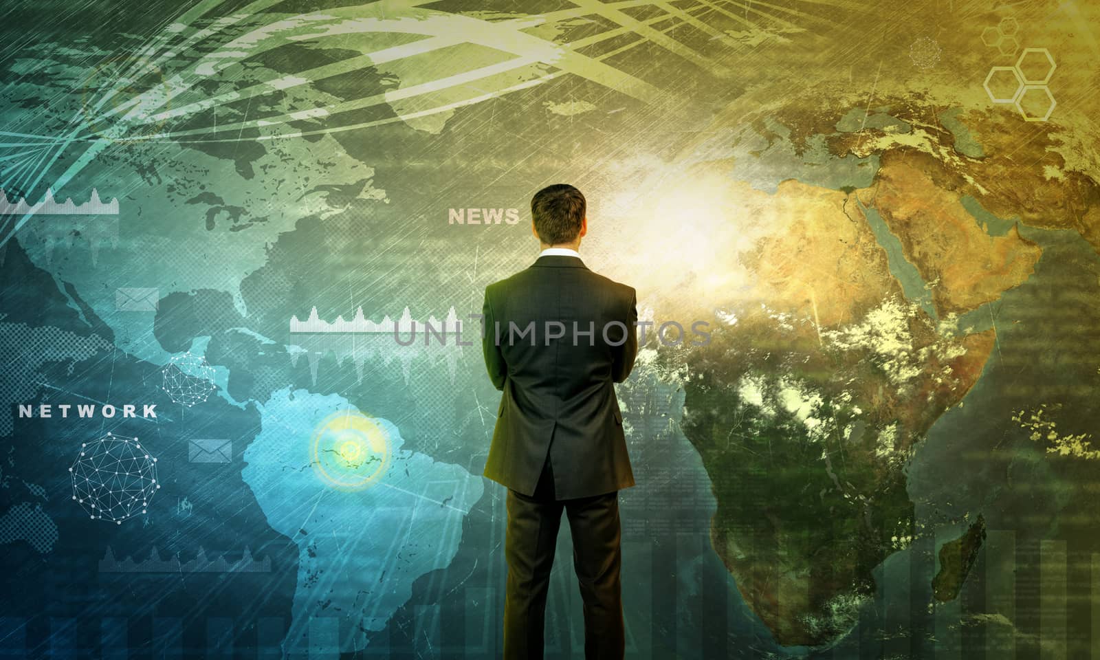 Businessman in front of world map by cherezoff