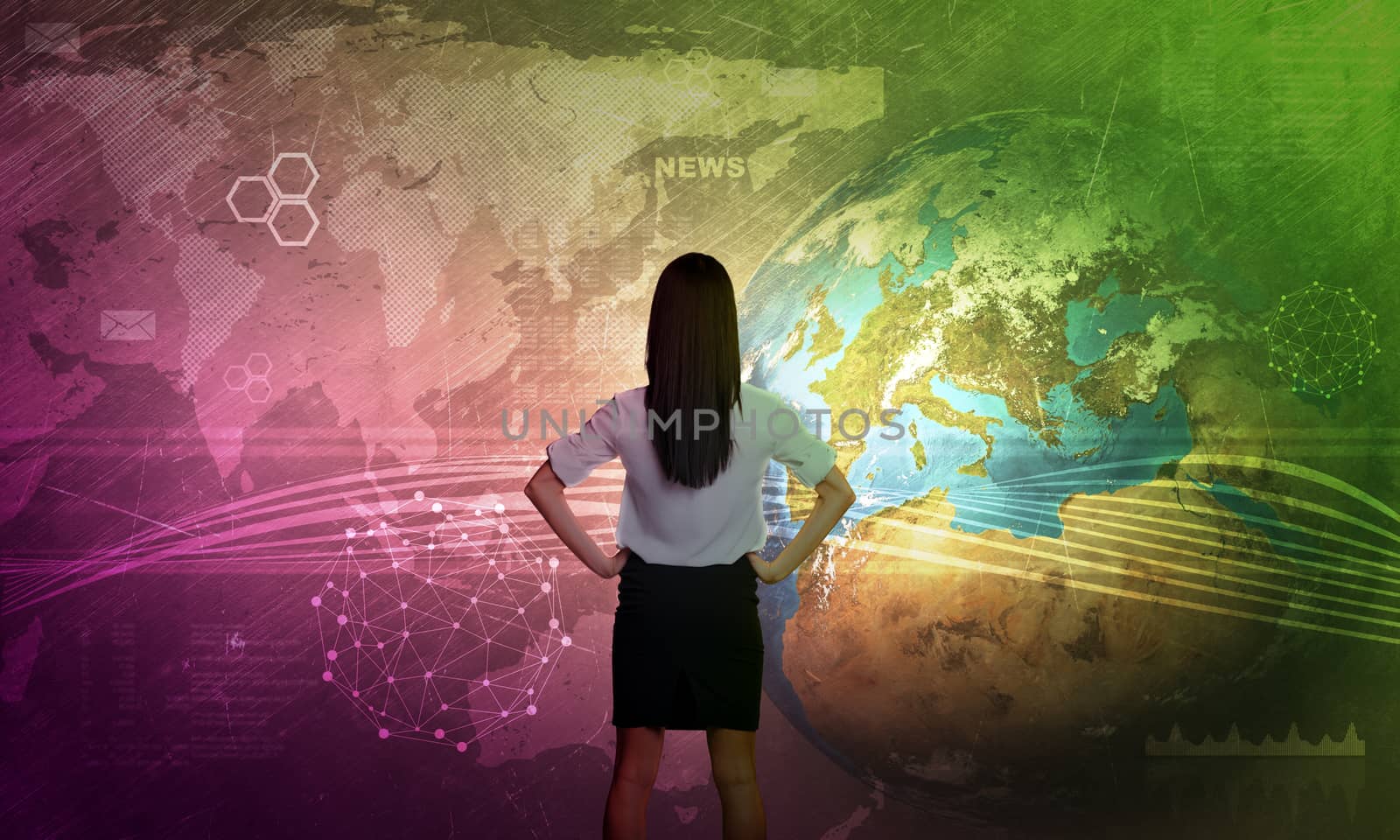 Businesswoman in front of world map with graphical charts, business concept