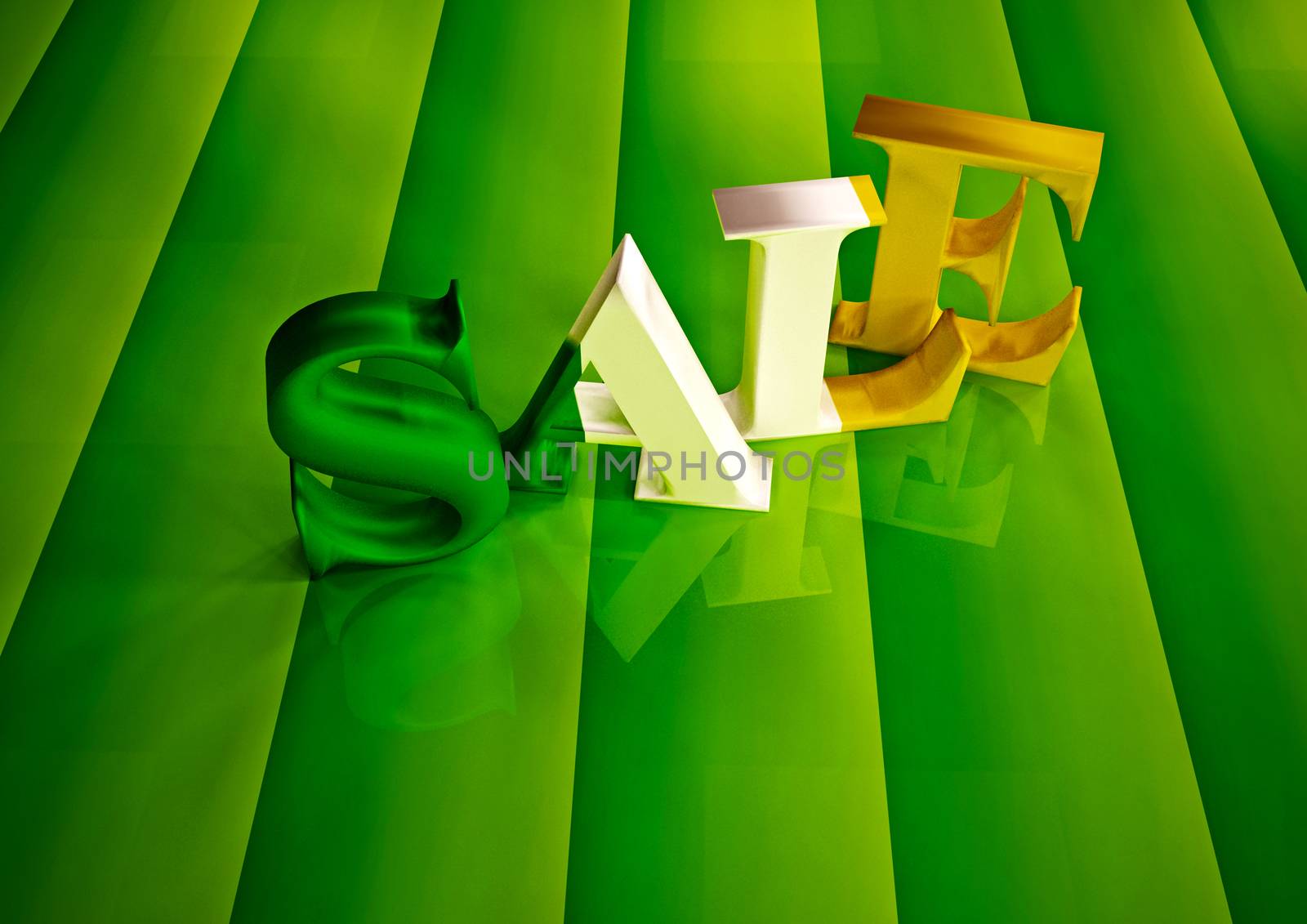 The dimensional word sale on a green background